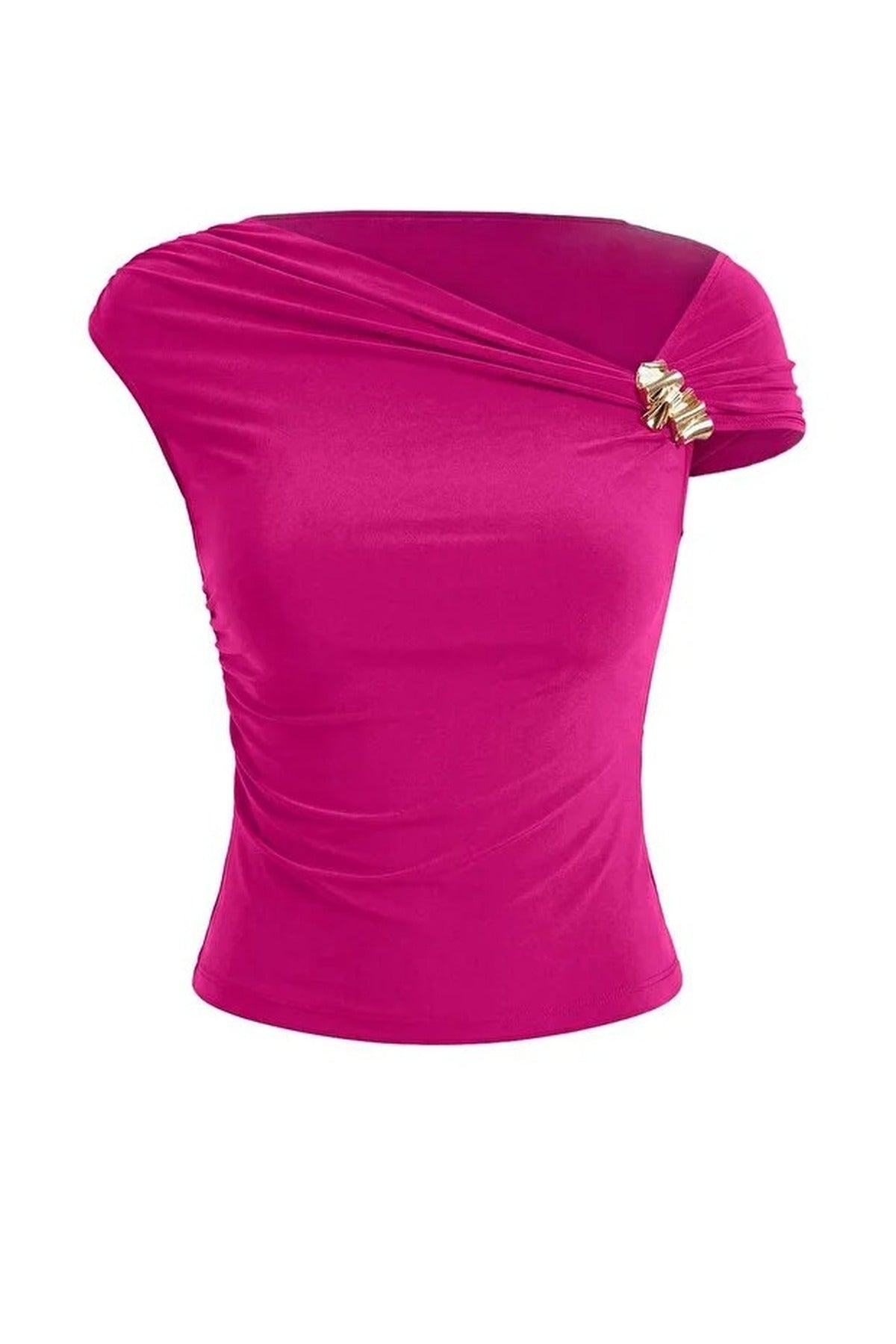 Fitted Asymmetrical Neckline Blouse with Accessory Detail Knit