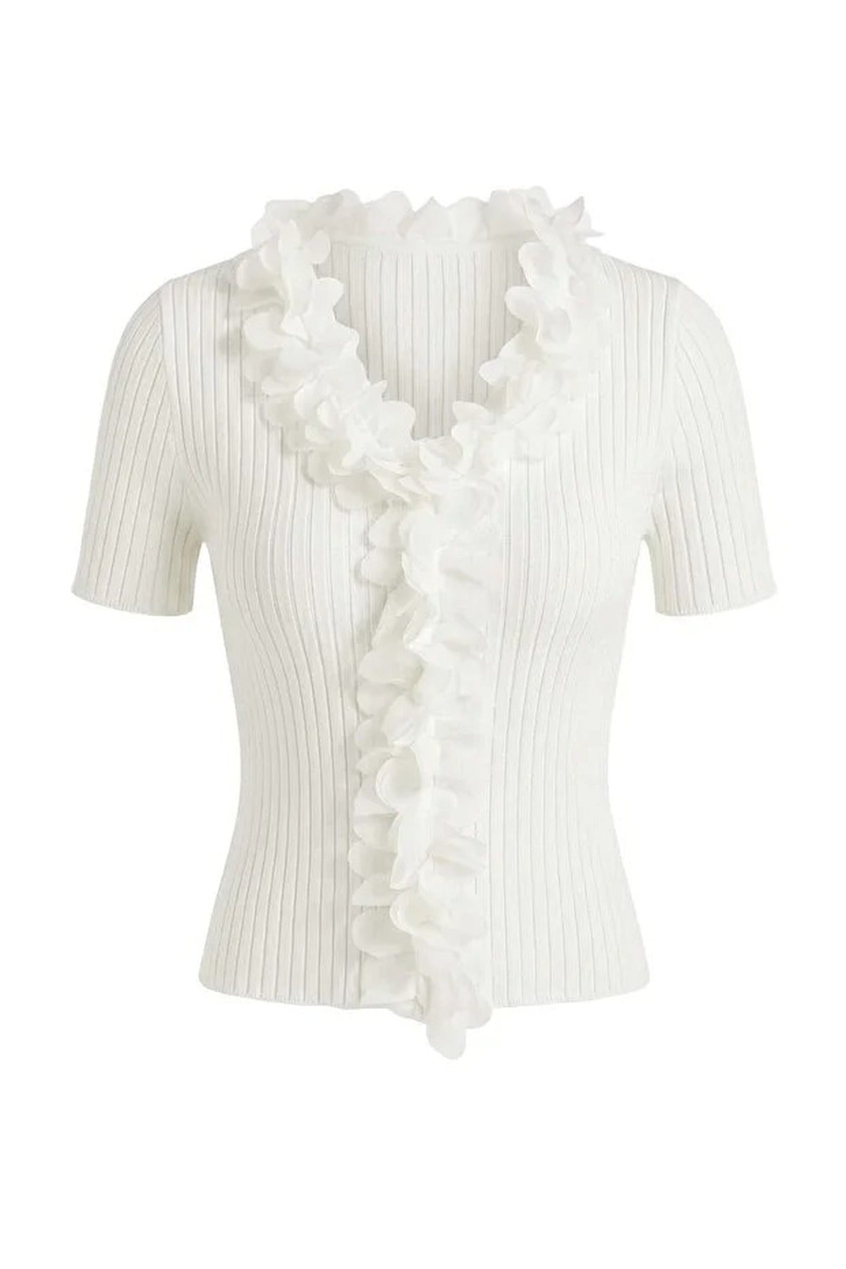Tulle Flower V-Neck Detail Knitted Blouse