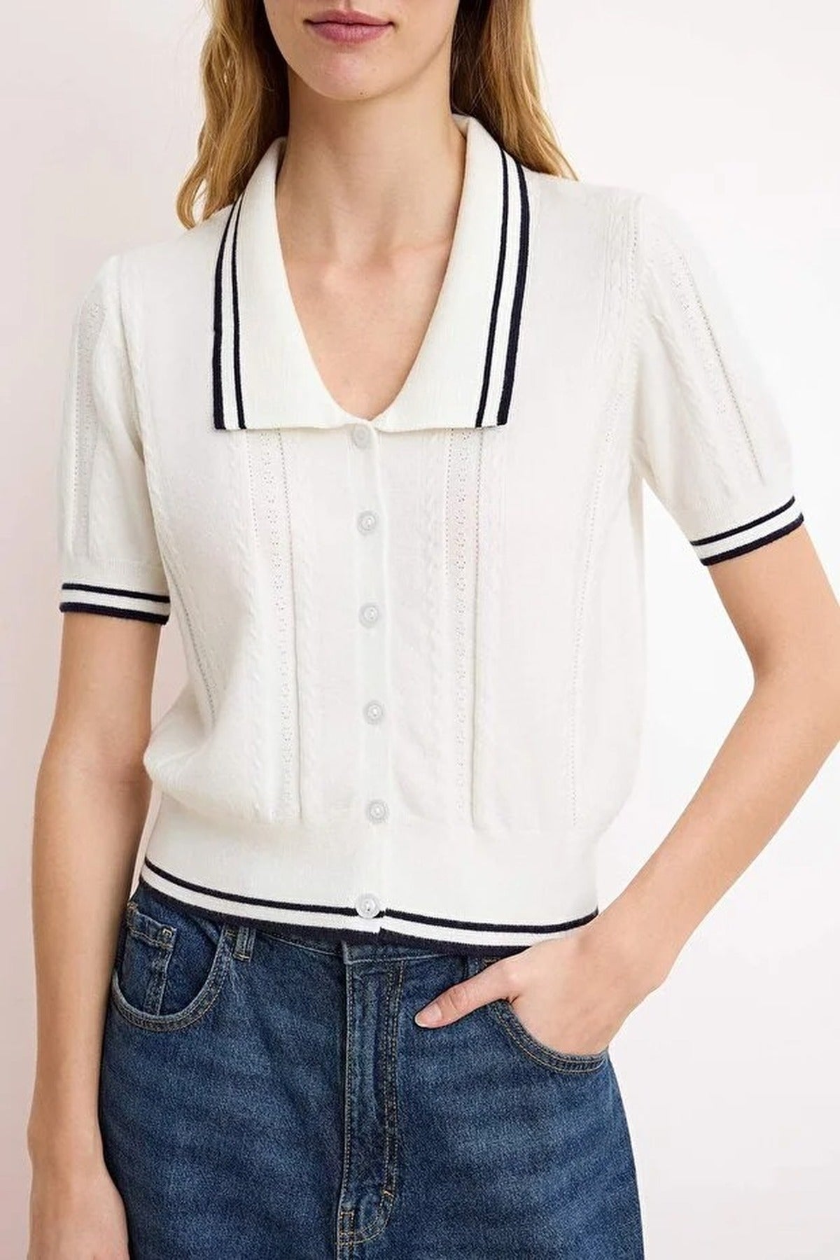 Polo Collar Buttoned Short Sleeve Knitted Blouse