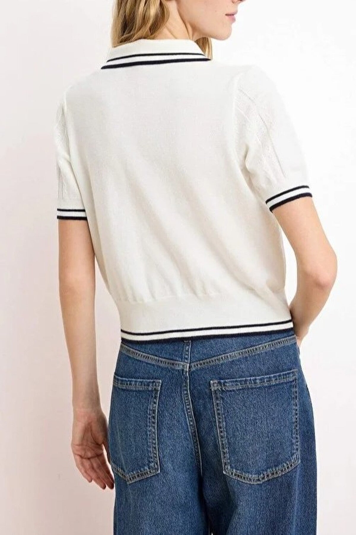 Polo Collar Buttoned Short Sleeve Knitted Blouse