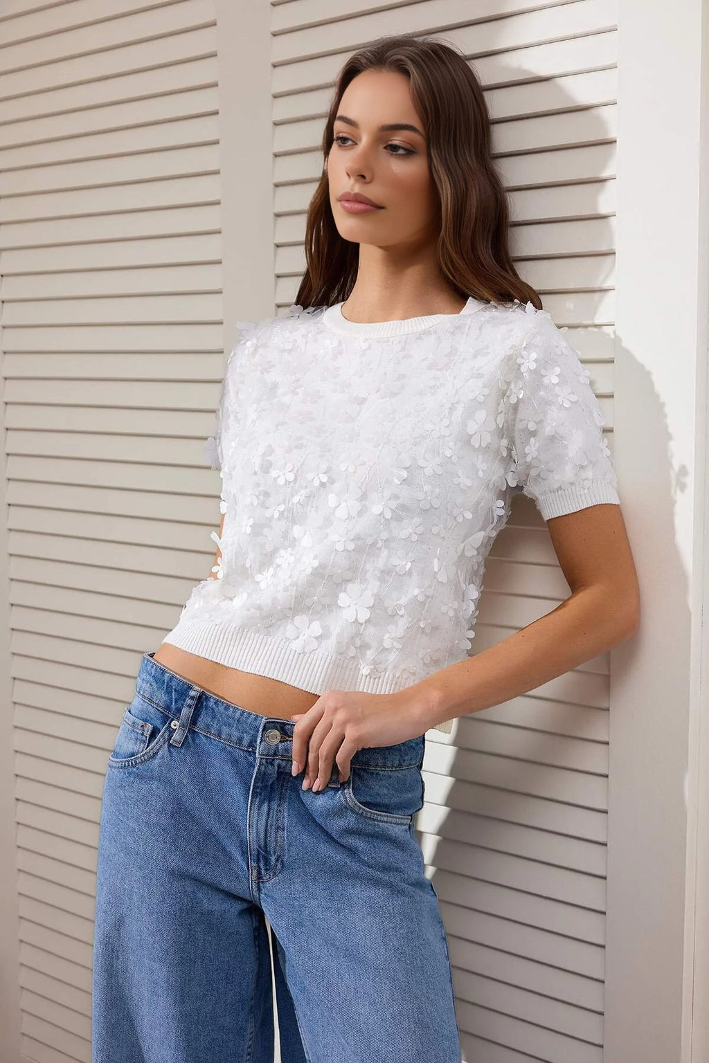 Three-Dimensional Flower Detail and Tulle Knitted Blouse