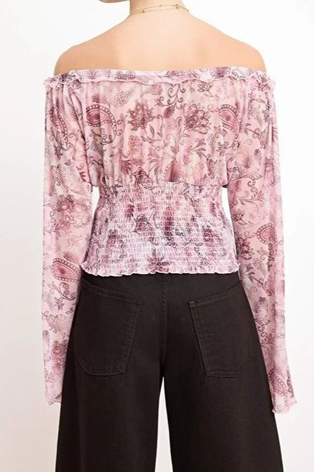 Shawl Pattern Fitted Scoop Neck Crop Tulle Knit Blouse