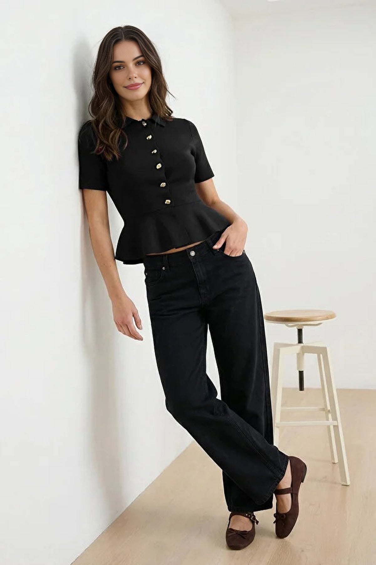 Fitted Waist Button Detail Blouse