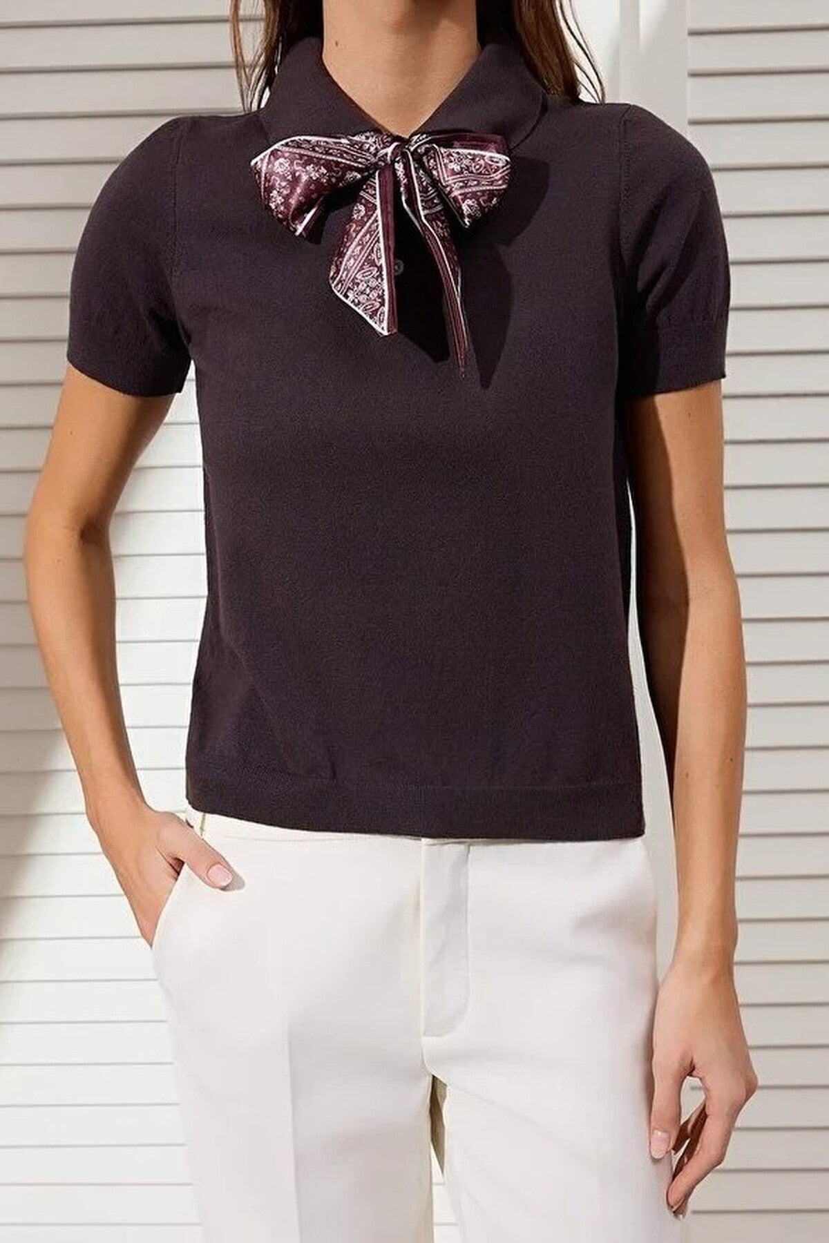 Scarf Detail Special Yarn Knit Blouse