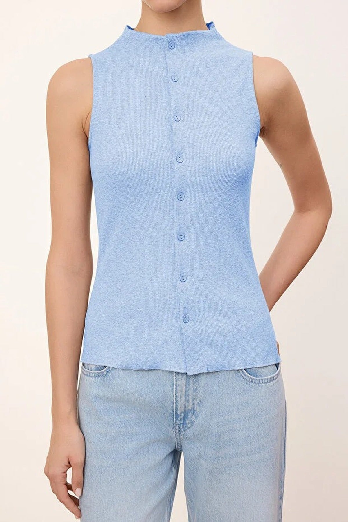 High Neck Long Sleeve Button Front Frill Detail Fitted Blouse