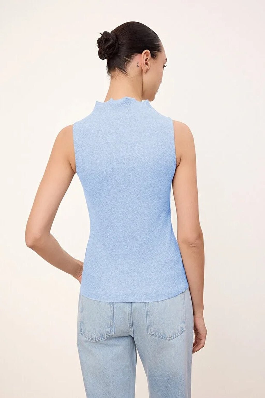 High Neck Long Sleeve Button Front Frill Detail Fitted Blouse