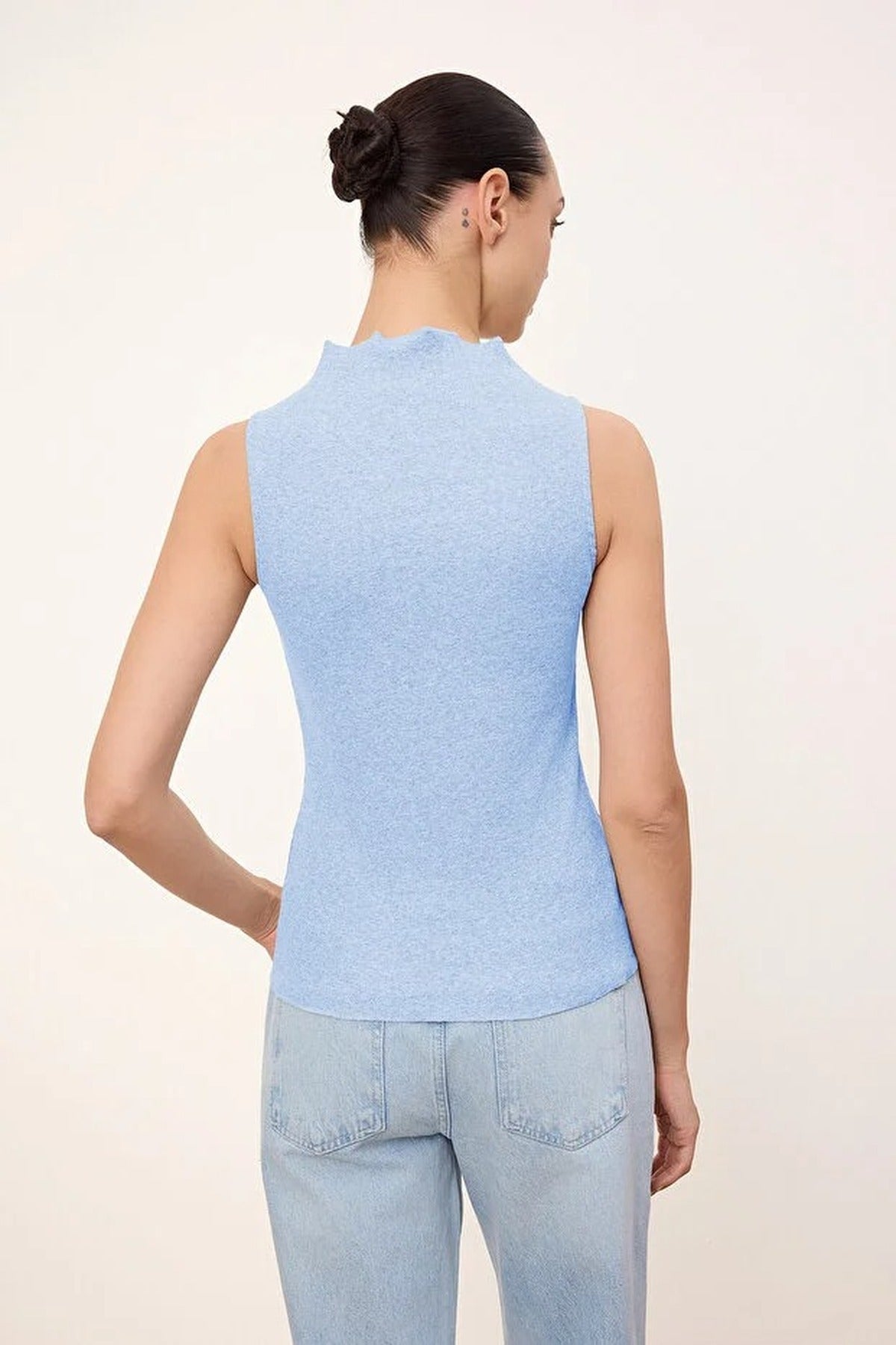 High Neck Long Sleeve Button Front Frill Detail Fitted Blouse