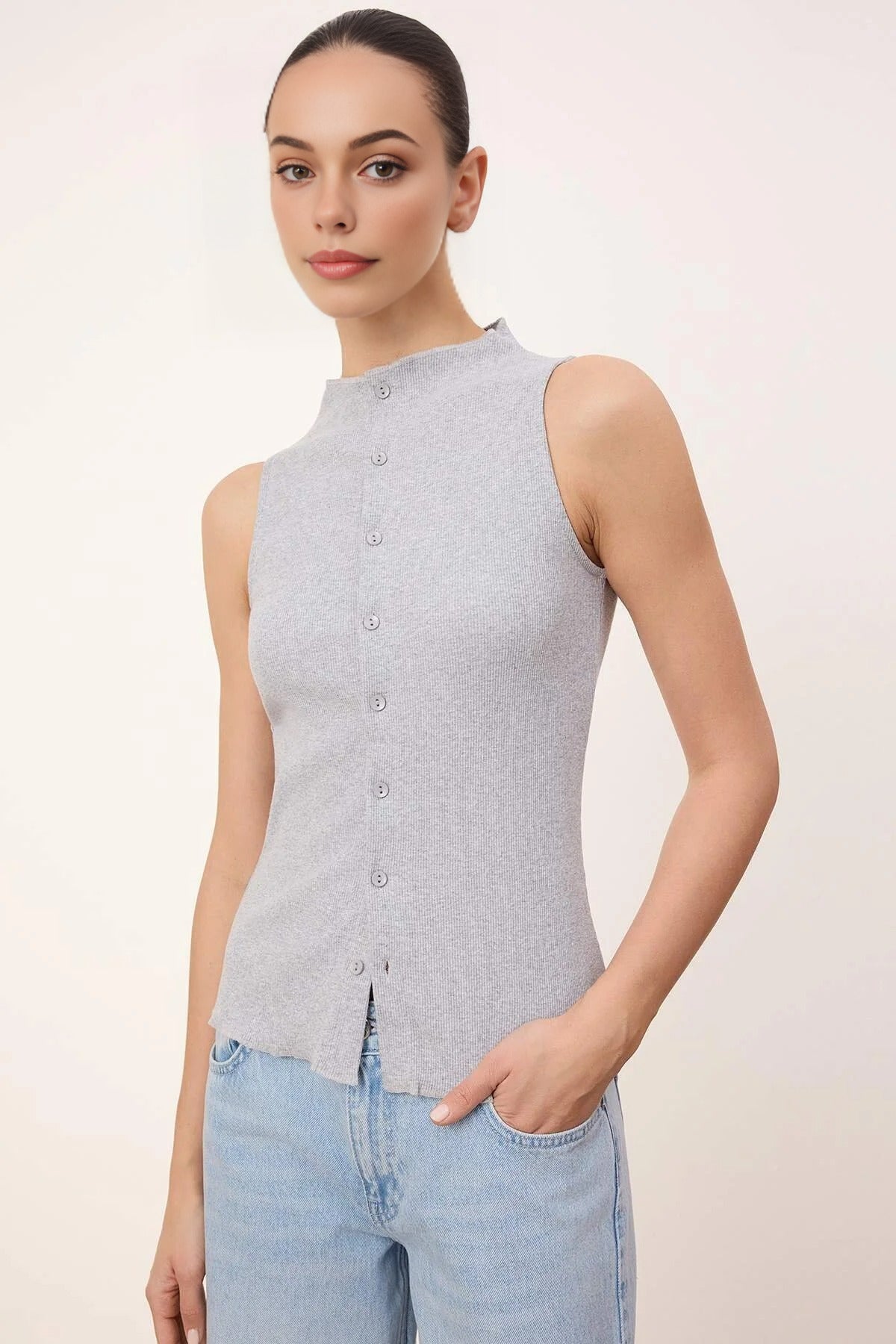 High Neck Long Sleeve Button Front Frill Detail Fitted Blouse