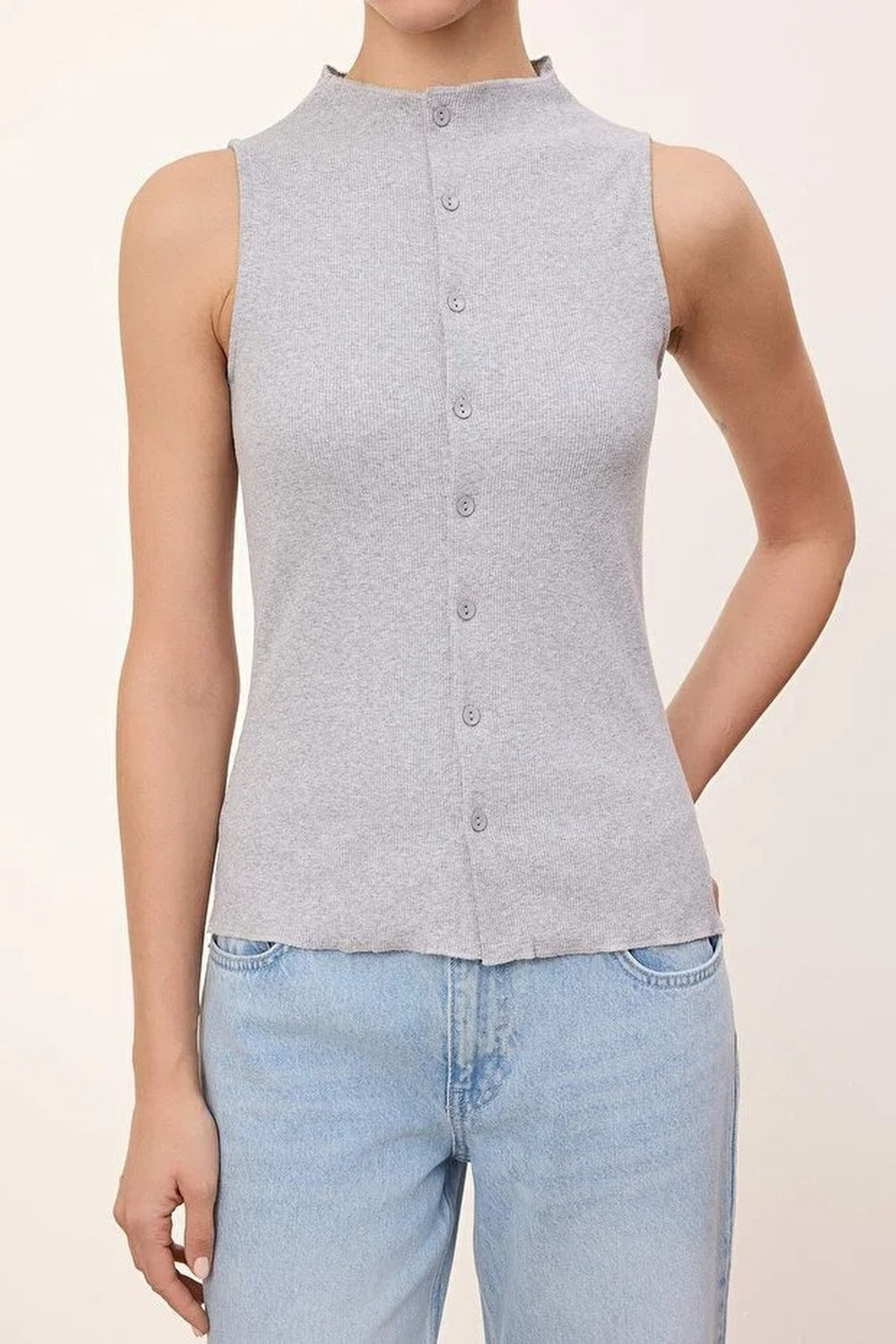 High Neck Long Sleeve Button Front Frill Detail Fitted Blouse