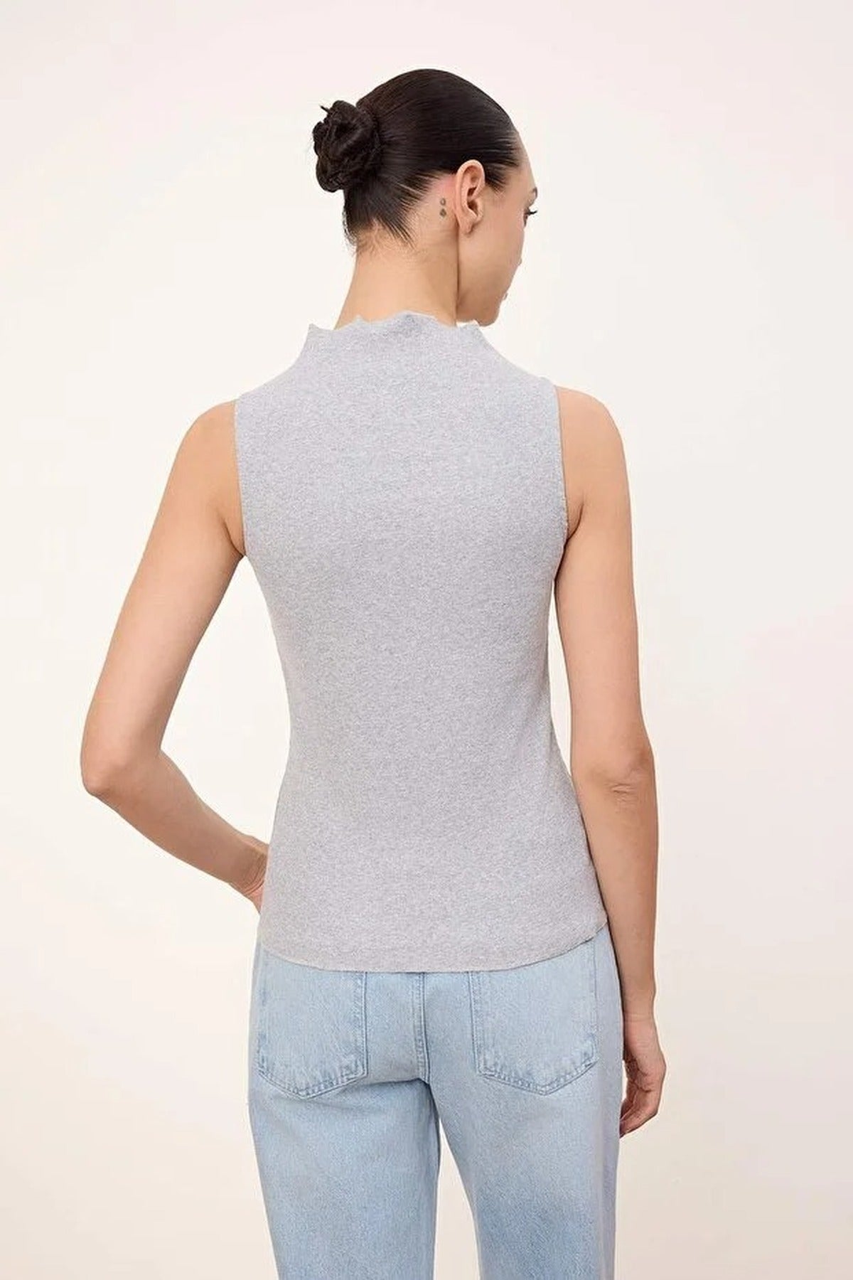 High Neck Long Sleeve Button Front Frill Detail Fitted Blouse
