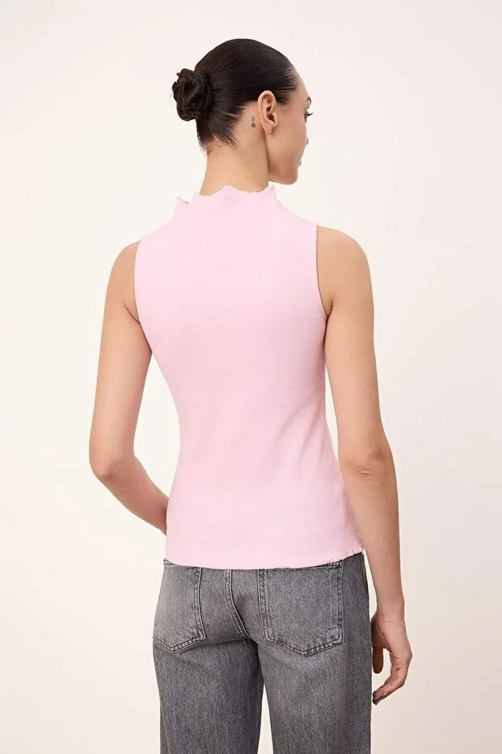 High Neck Long Sleeve Button Front Frill Detail Fitted Blouse