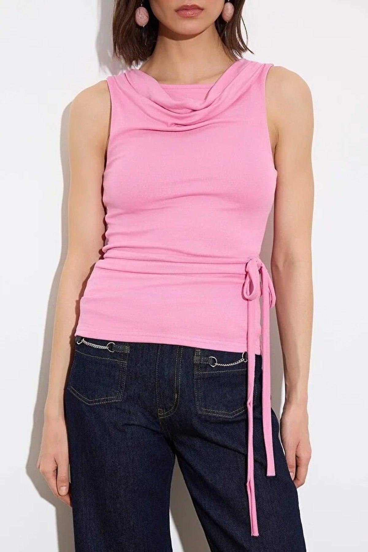 Fitted Degaje Neck Ruffle Detail Soft Knit Blouse