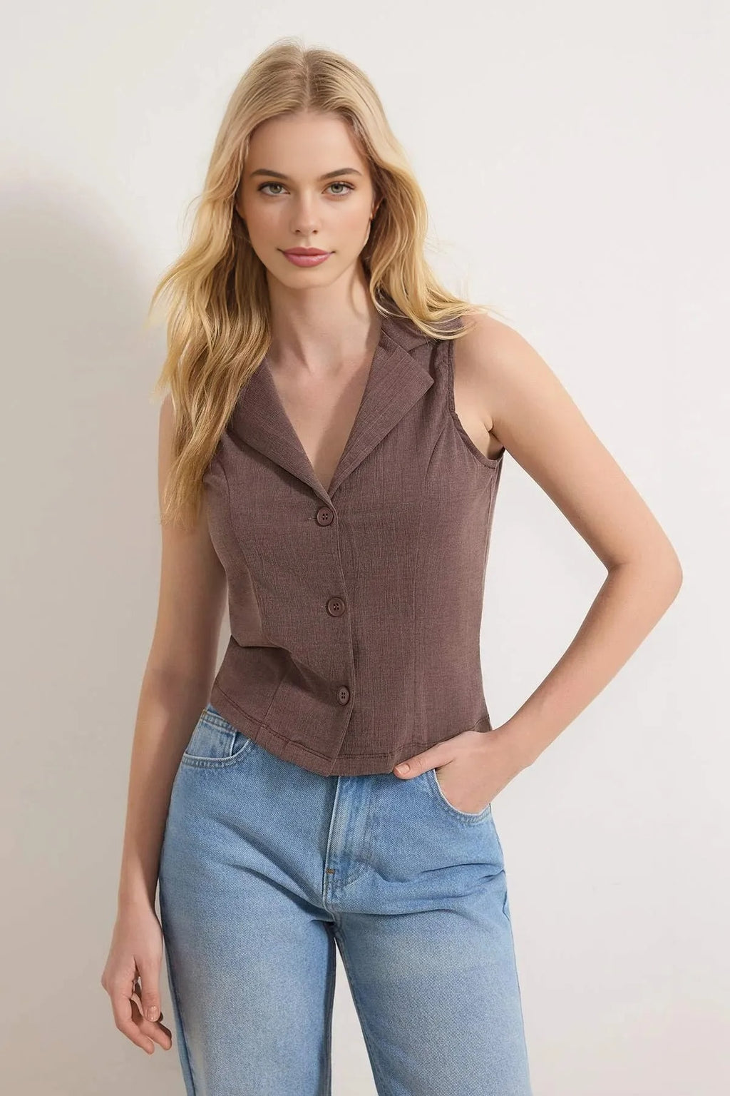 Fitted Shirt Collar Buttoned Jacquard Knit Blouse