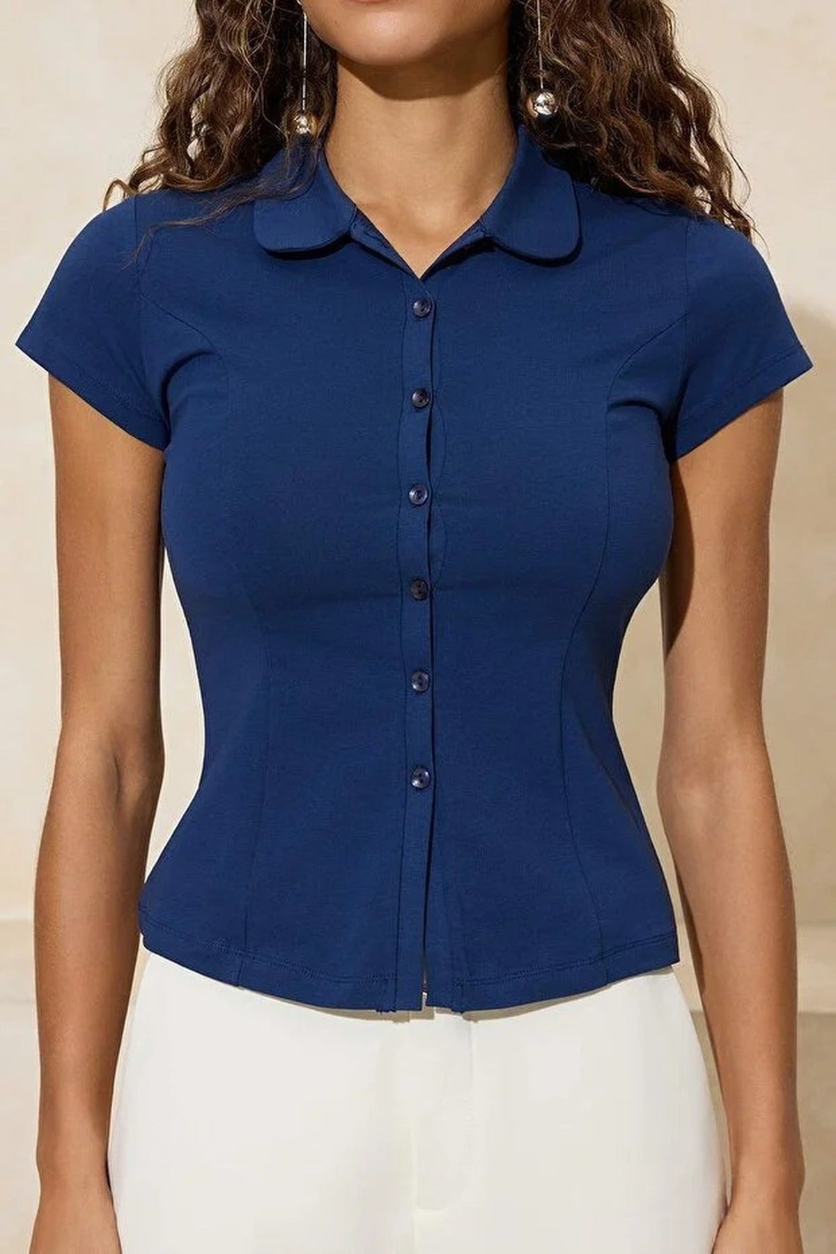 Fitted Peter Pan Collar Buttoned Cotton Stretch Knit Blouse