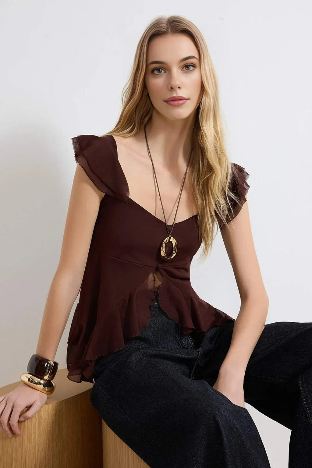 Fitted V-Neck Buttoned Ruffled Tulle Knit Blouse