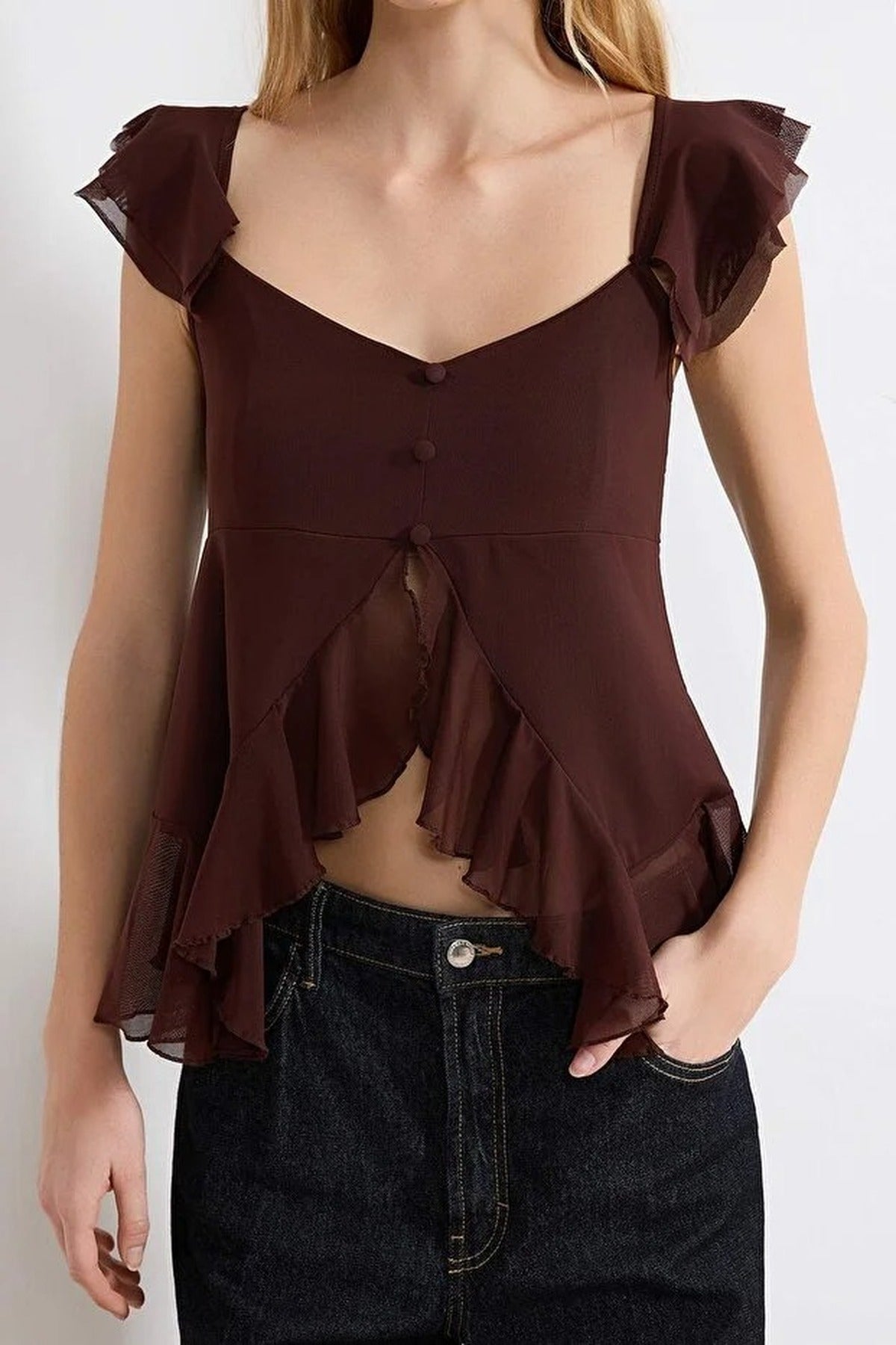 Fitted V-Neck Buttoned Ruffled Tulle Knit Blouse
