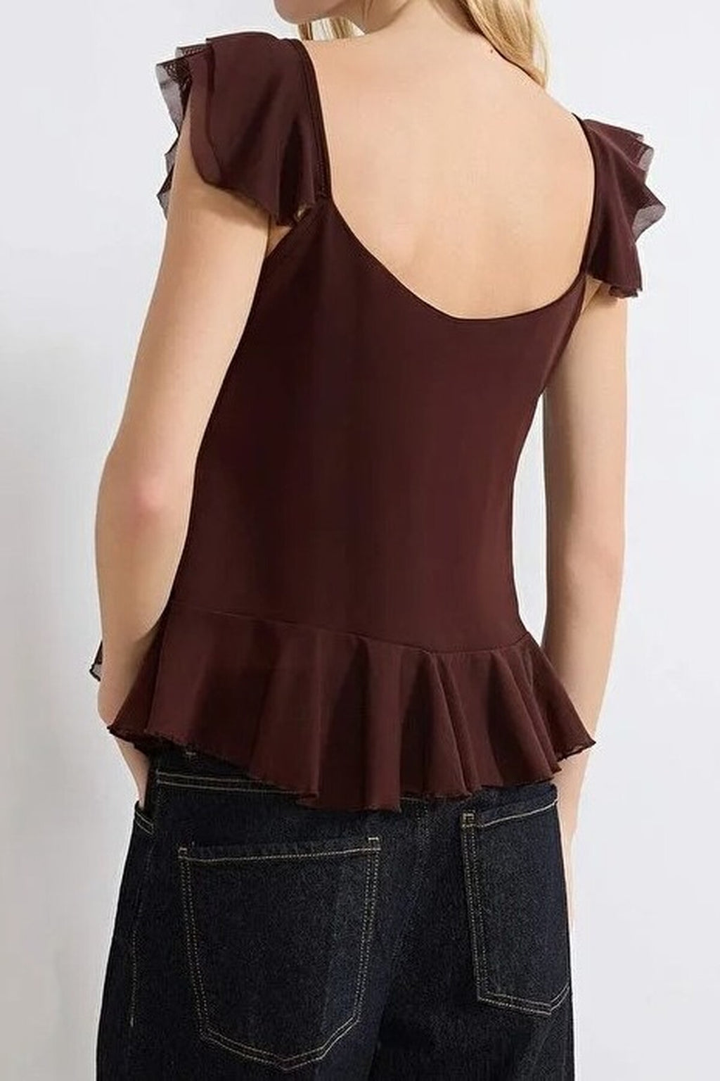 Fitted V-Neck Buttoned Ruffled Tulle Knit Blouse