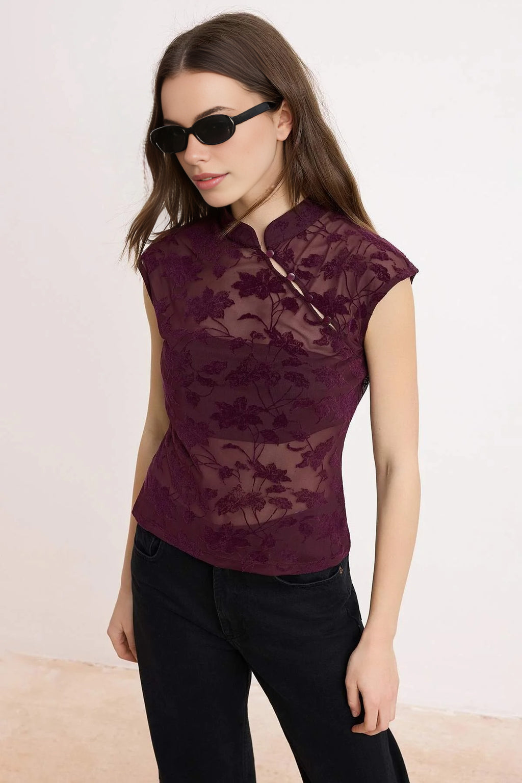 Floral Fitted High Neck Sleeveless Buttoned Lace Knit Blouse