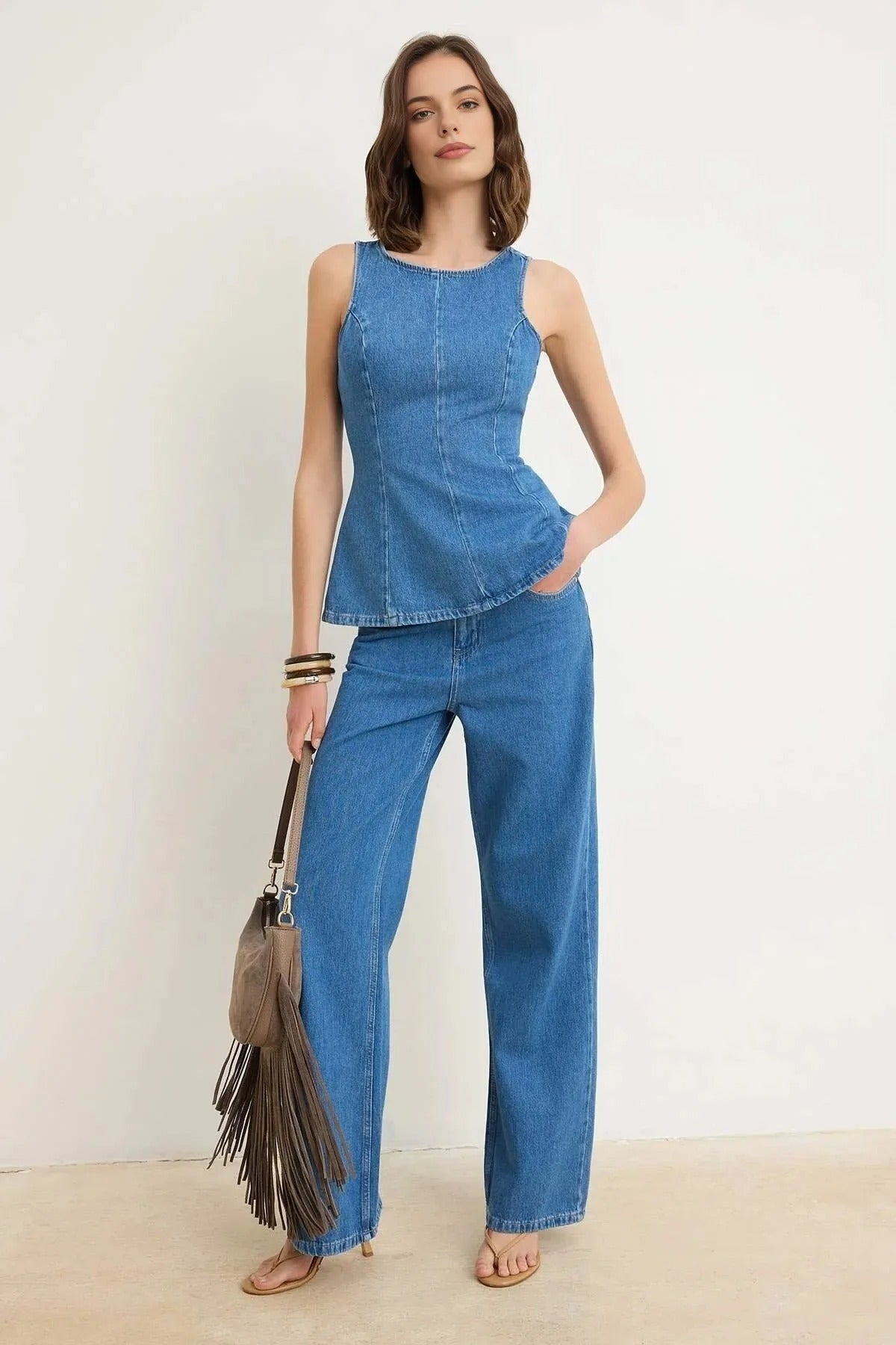 Strappy 100% Cotton Denim Blouse