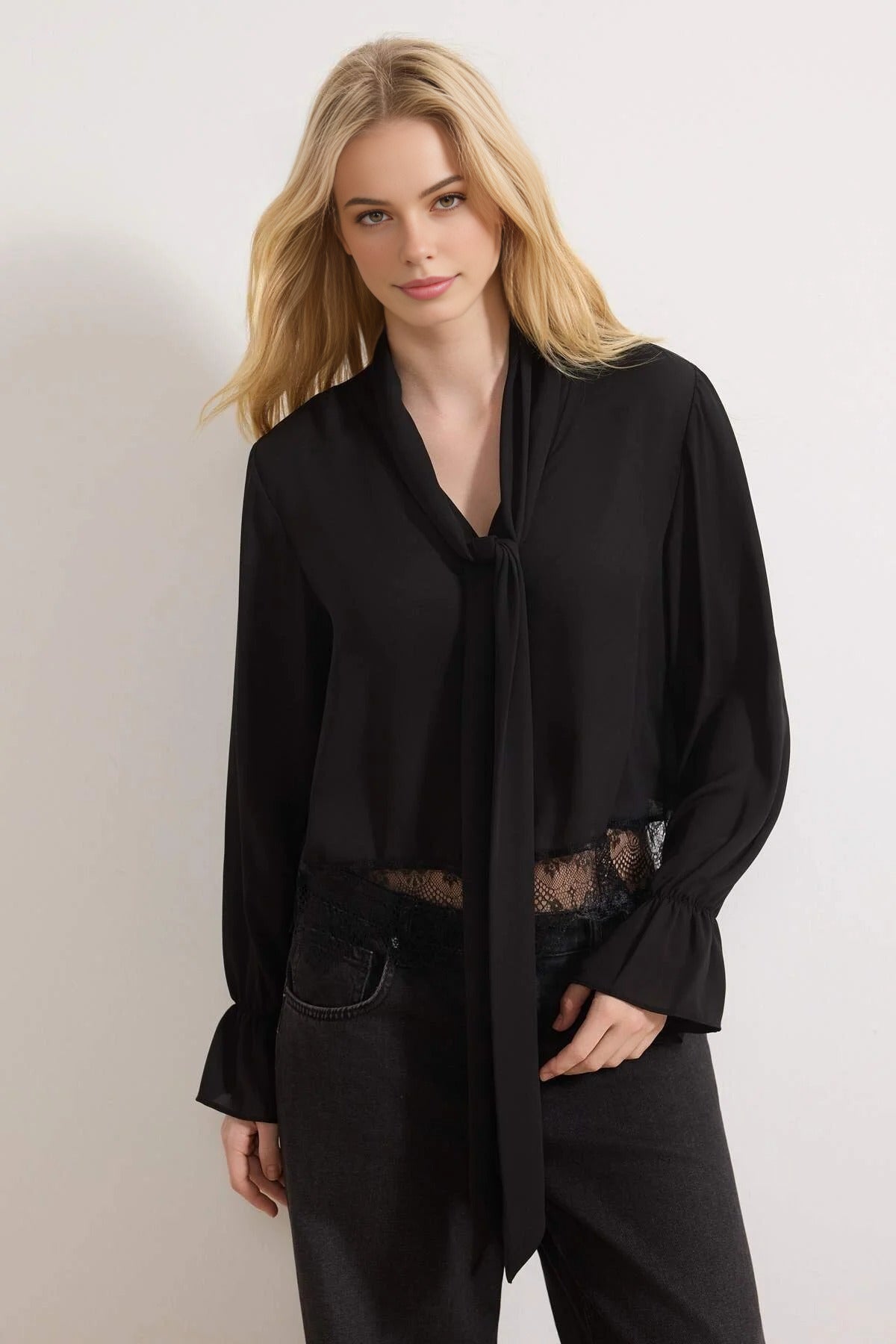 Scarf Neck Lace Detail Long Sleeve Woven Blouse