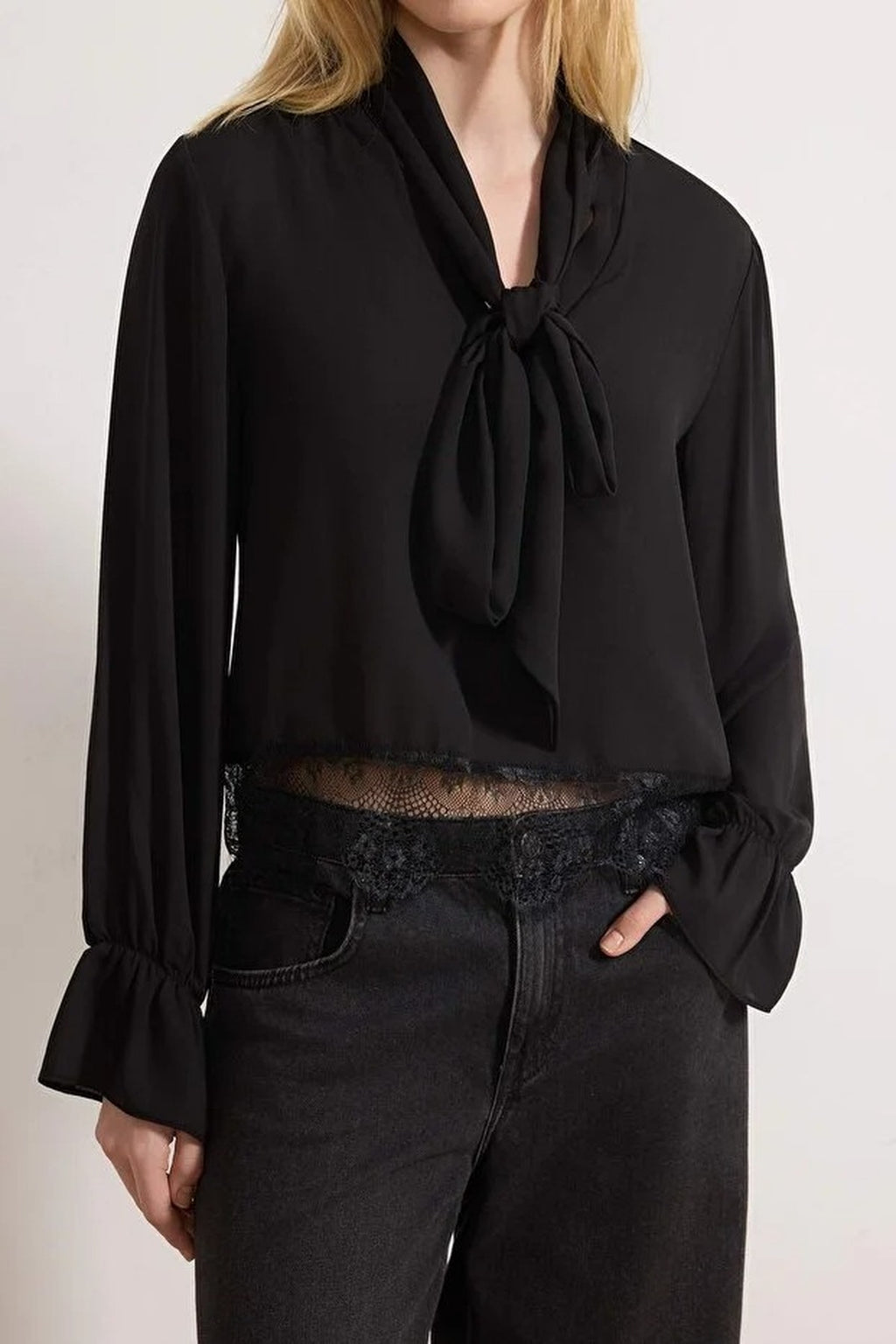 Scarf Neck Lace Detail Long Sleeve Woven Blouse