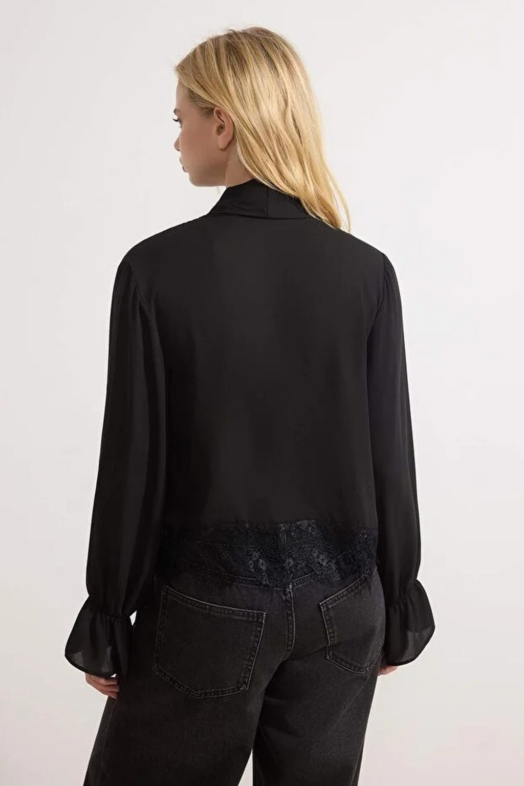 Scarf Neck Lace Detail Long Sleeve Woven Blouse