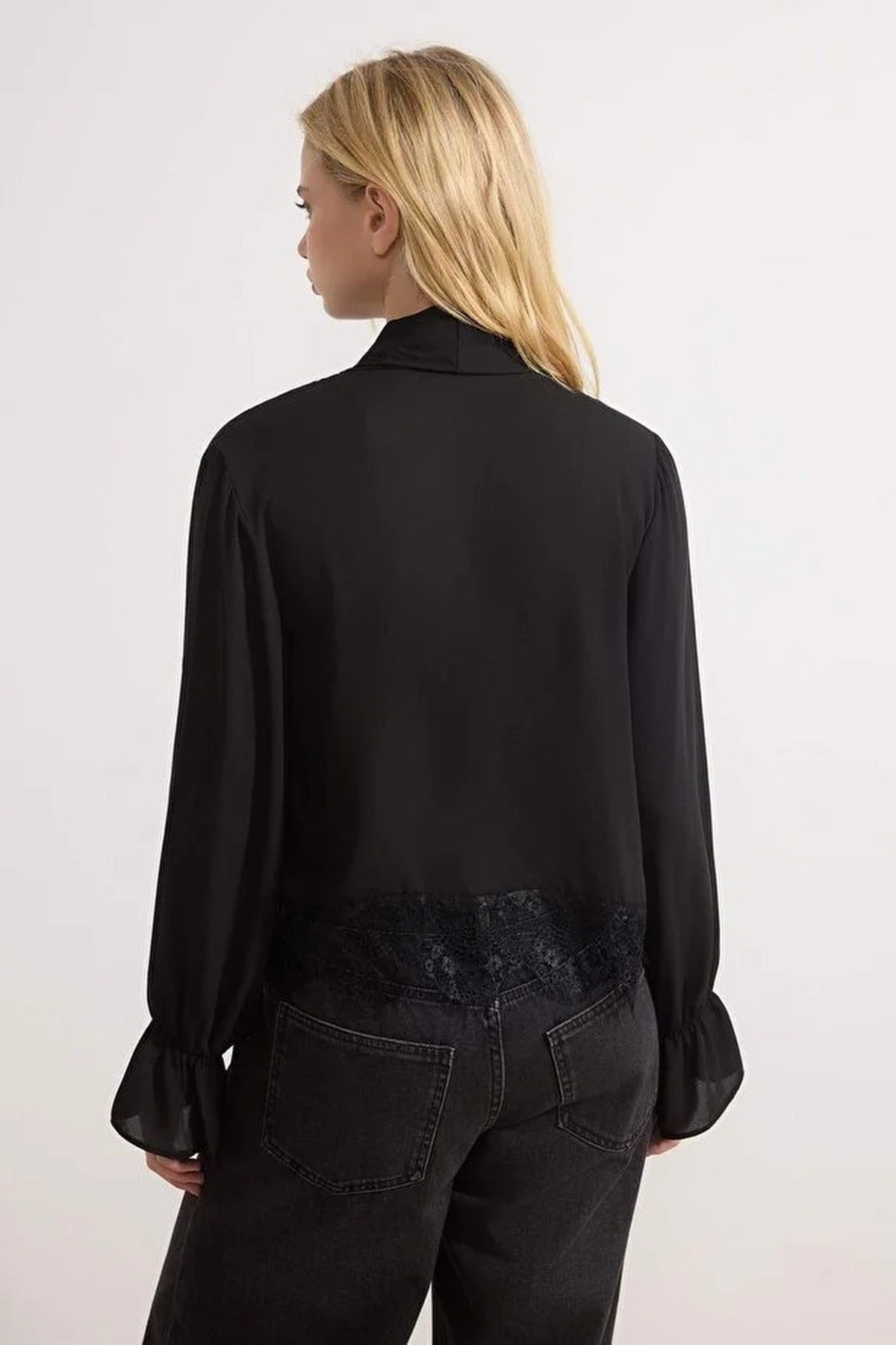 Scarf Neck Lace Detail Long Sleeve Woven Blouse