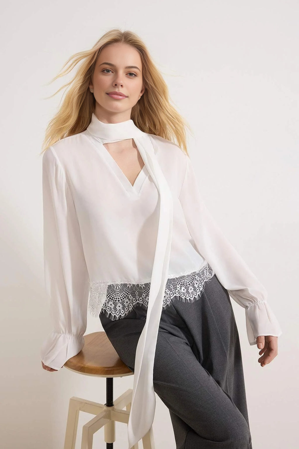 Scarf Neck Lace Detail Long Sleeve Woven Blouse