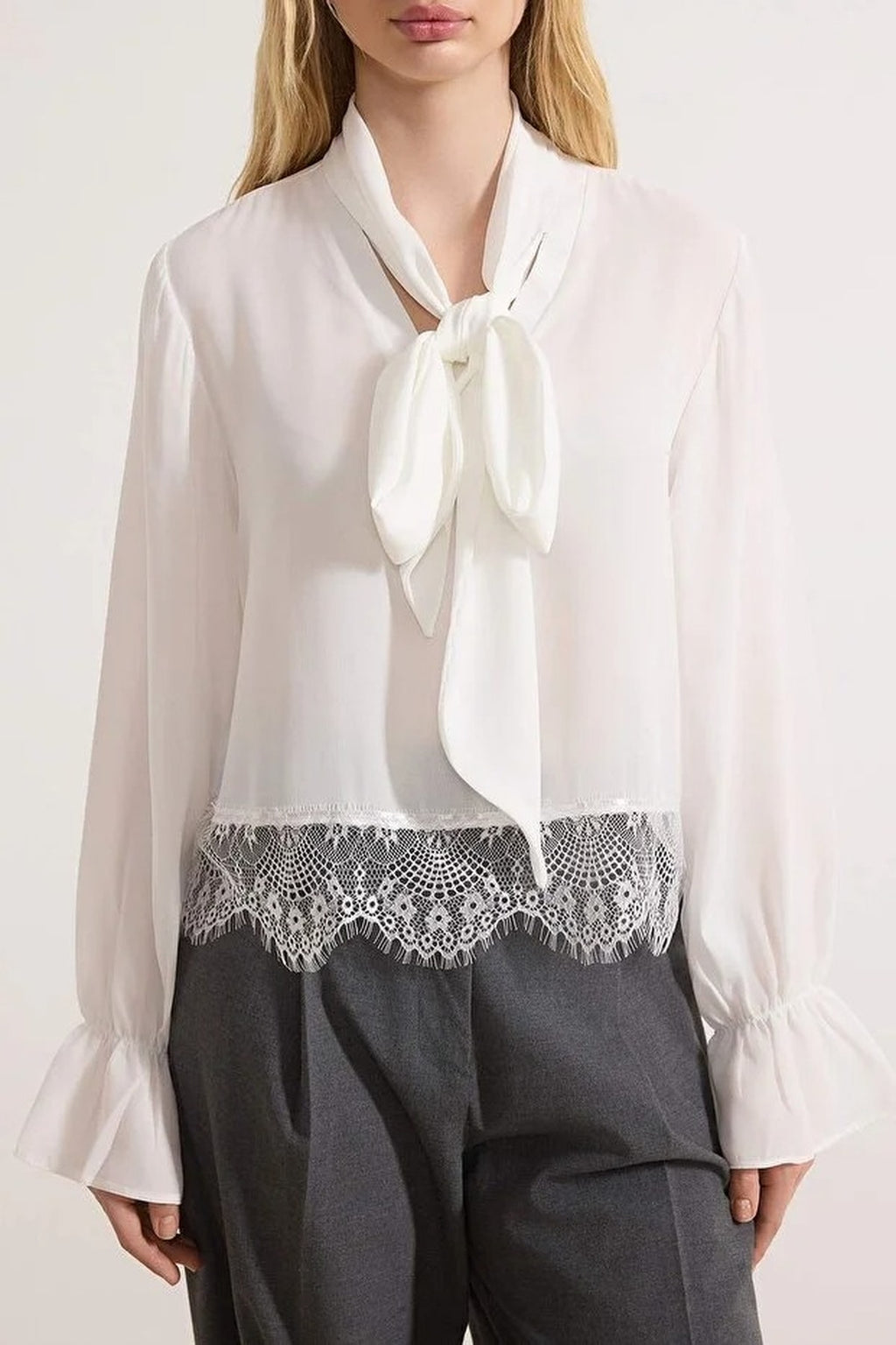 Scarf Neck Lace Detail Long Sleeve Woven Blouse