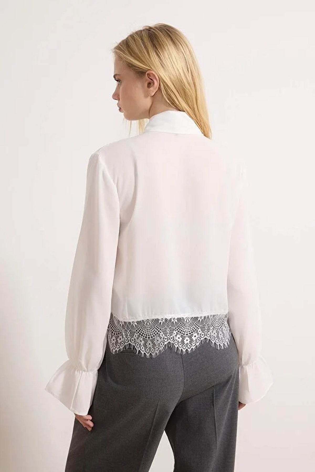 Scarf Neck Lace Detail Long Sleeve Woven Blouse