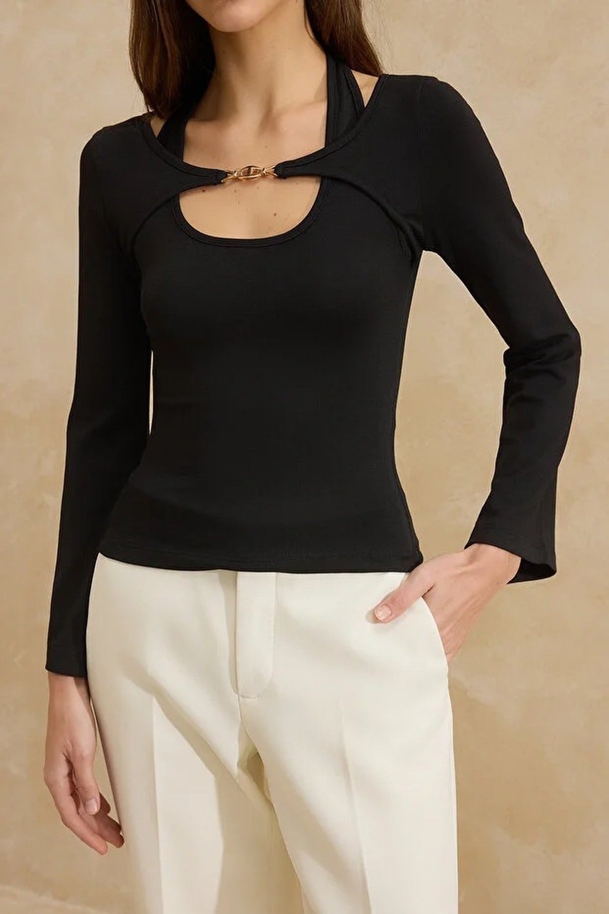 Boat Neck Cotton Knit Blouse with Accessory Details