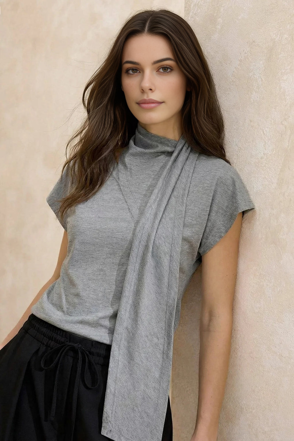 Fitted Wrap Neck Moon Sleeve Knitted Blouse