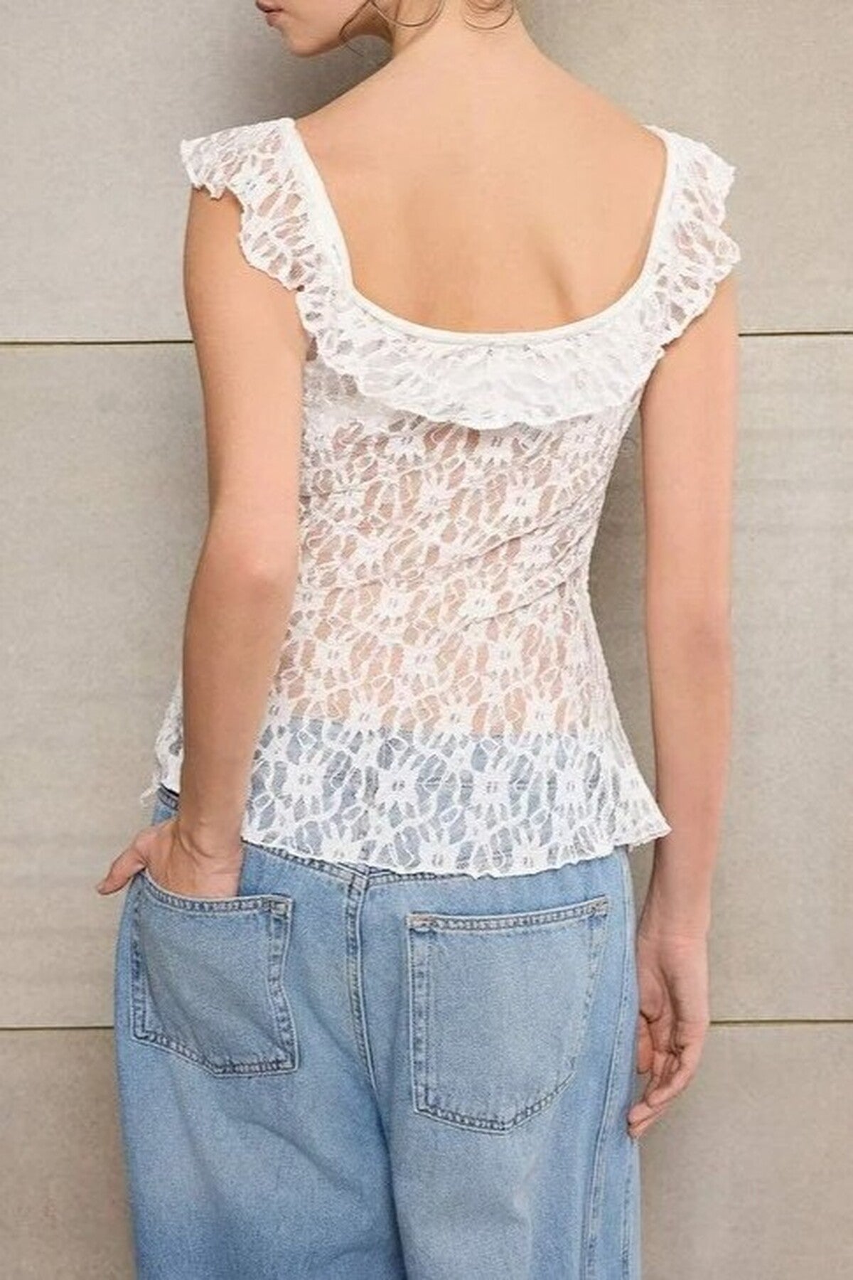 Fitted Pool Neck Lace Knit Blouse with Tie Detail