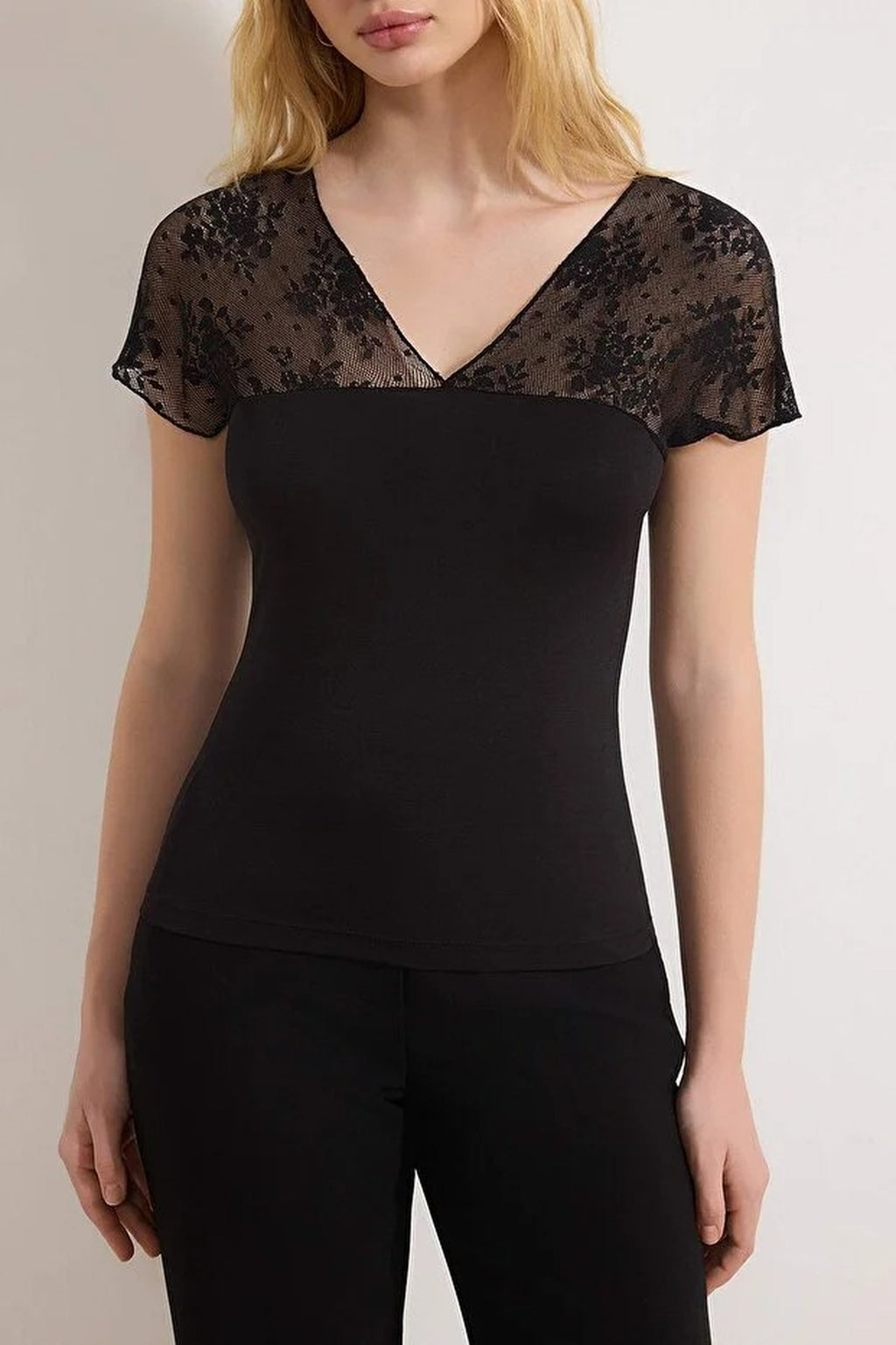 Fitted V-neck Lace Detail Stretch Knit Blouse