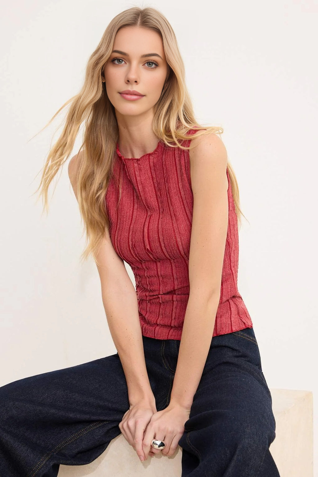 Fitted Sleeveless Textured Knit Blouse