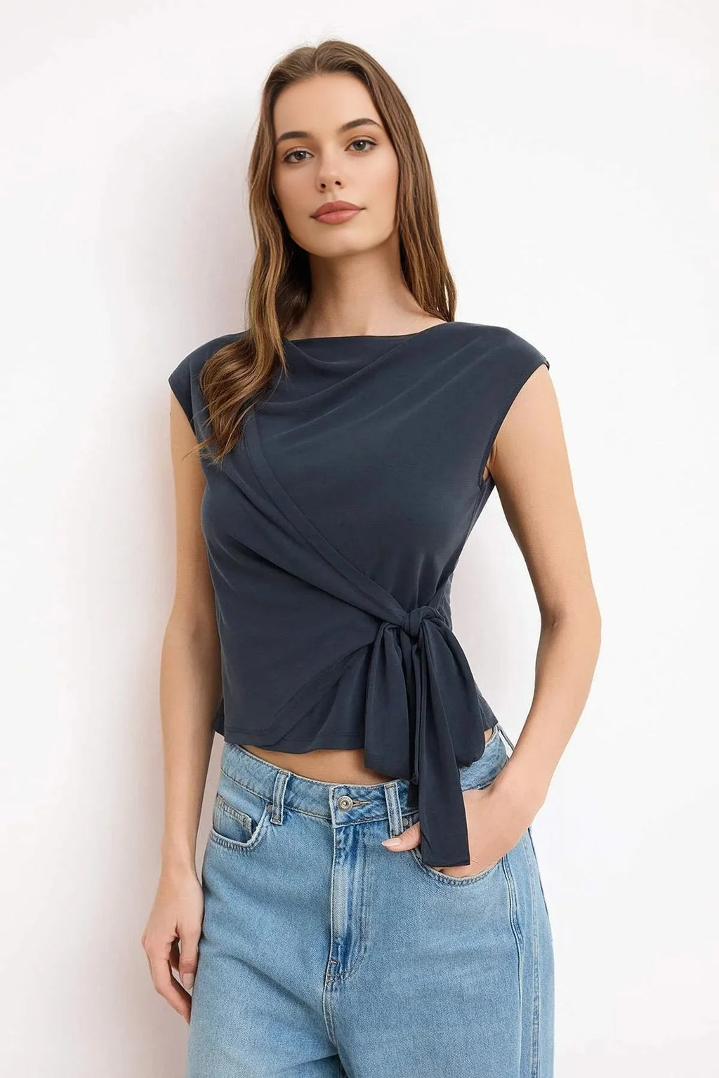 Fitted Wrap Boat Neck Knitted Blouse with Tie Detail