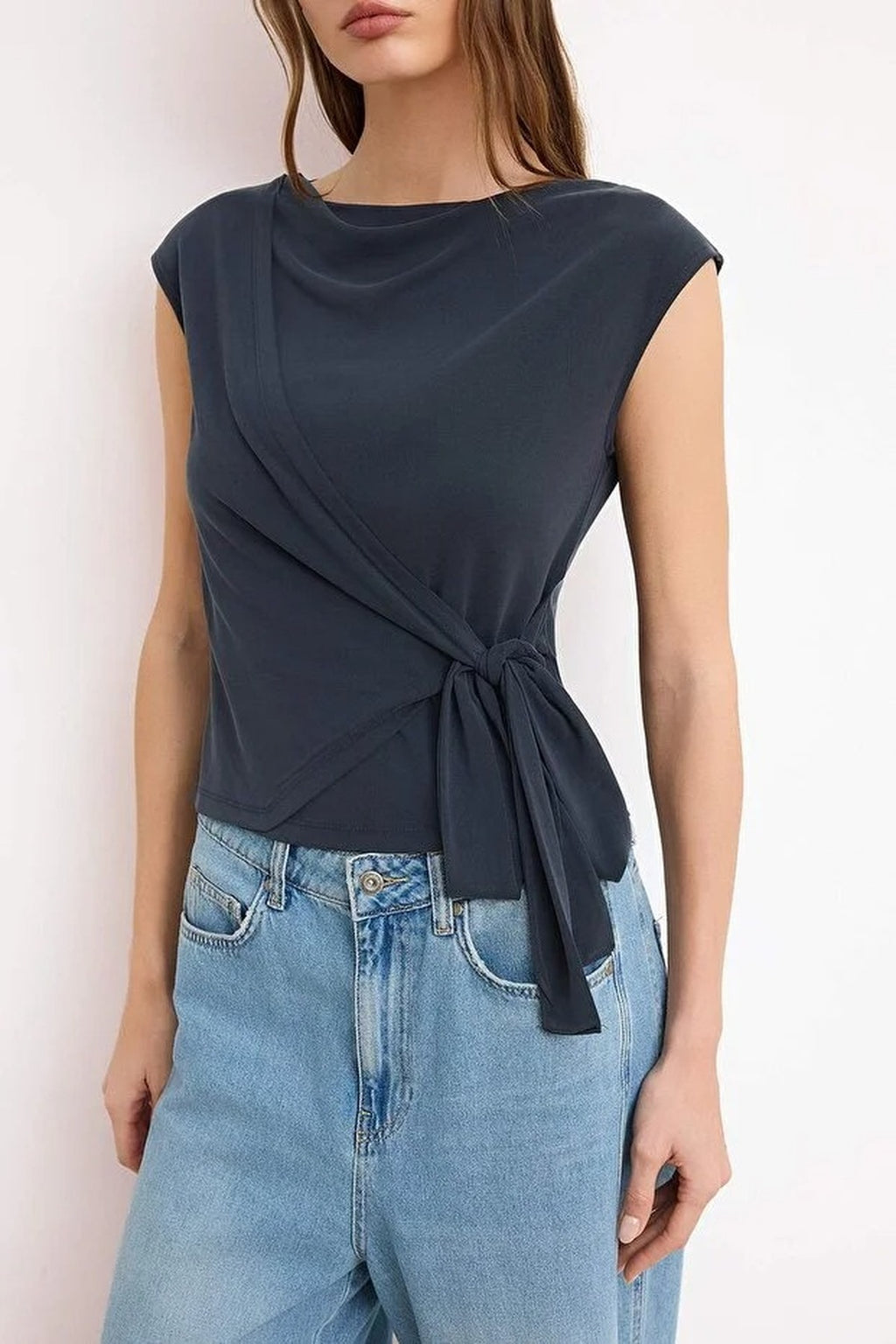 Fitted Wrap Boat Neck Knitted Blouse with Tie Detail