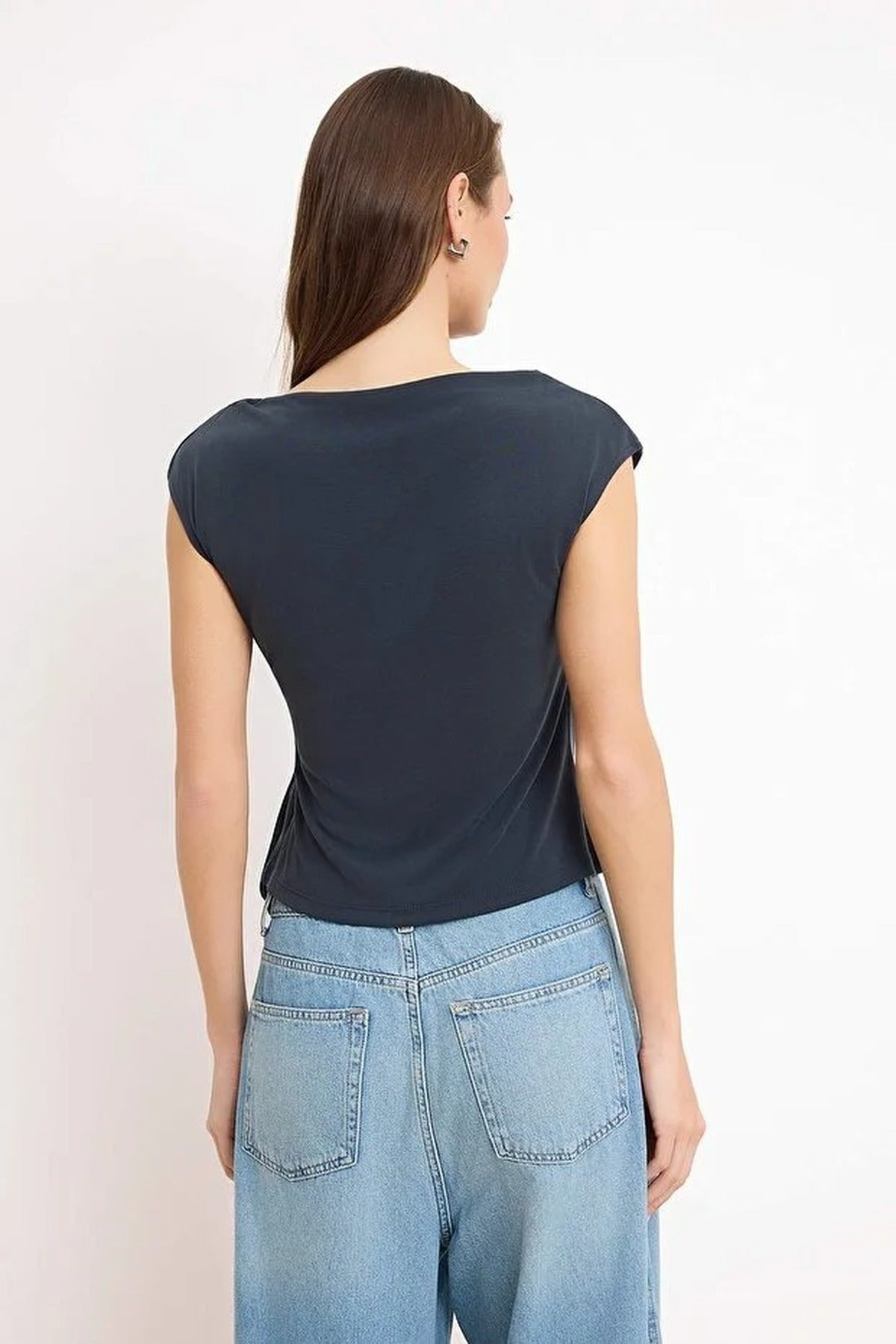 Fitted Wrap Boat Neck Knitted Blouse with Tie Detail