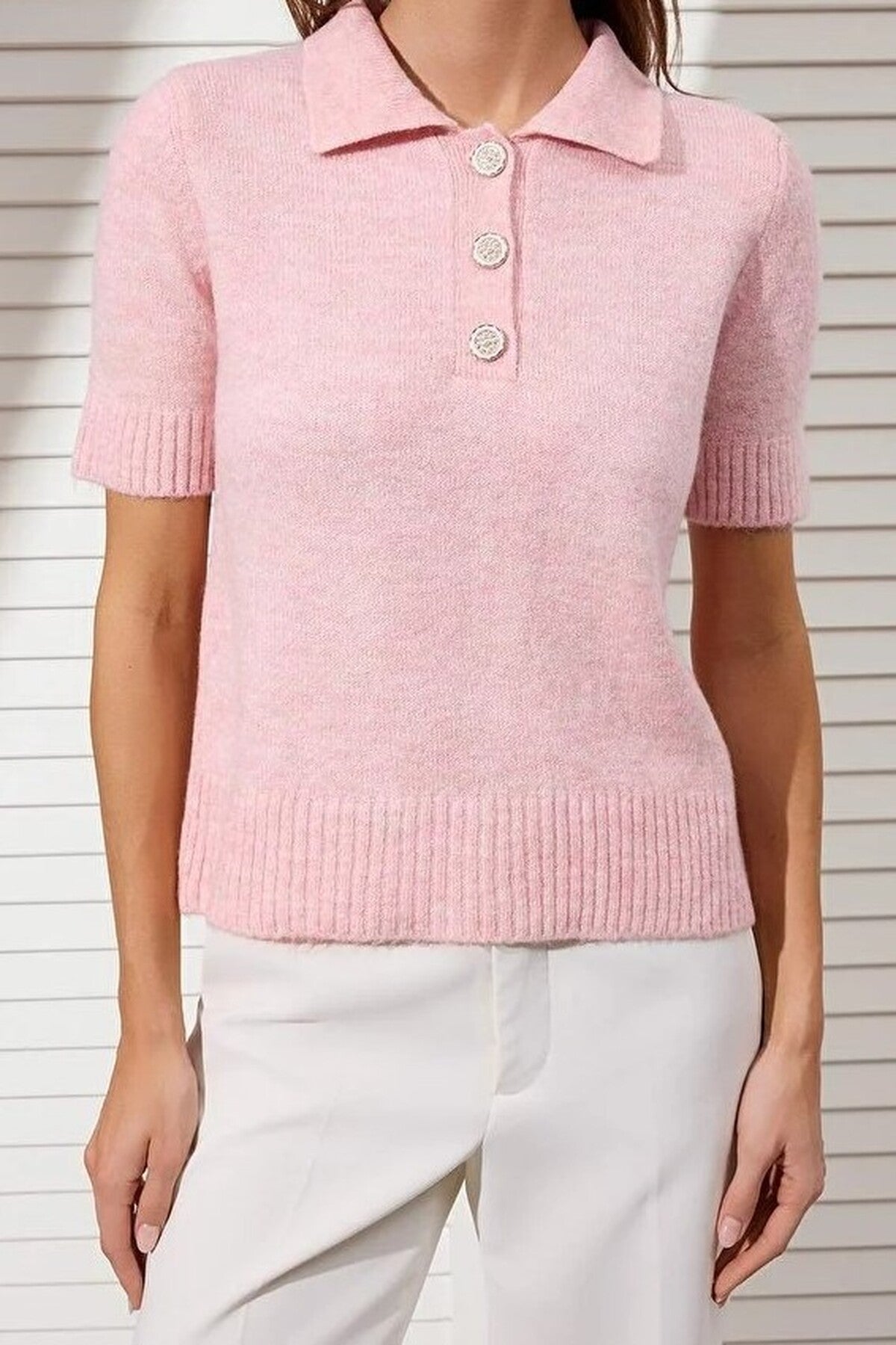 Polo Collar Soft Textured Knit Blouse with Stone Button Details