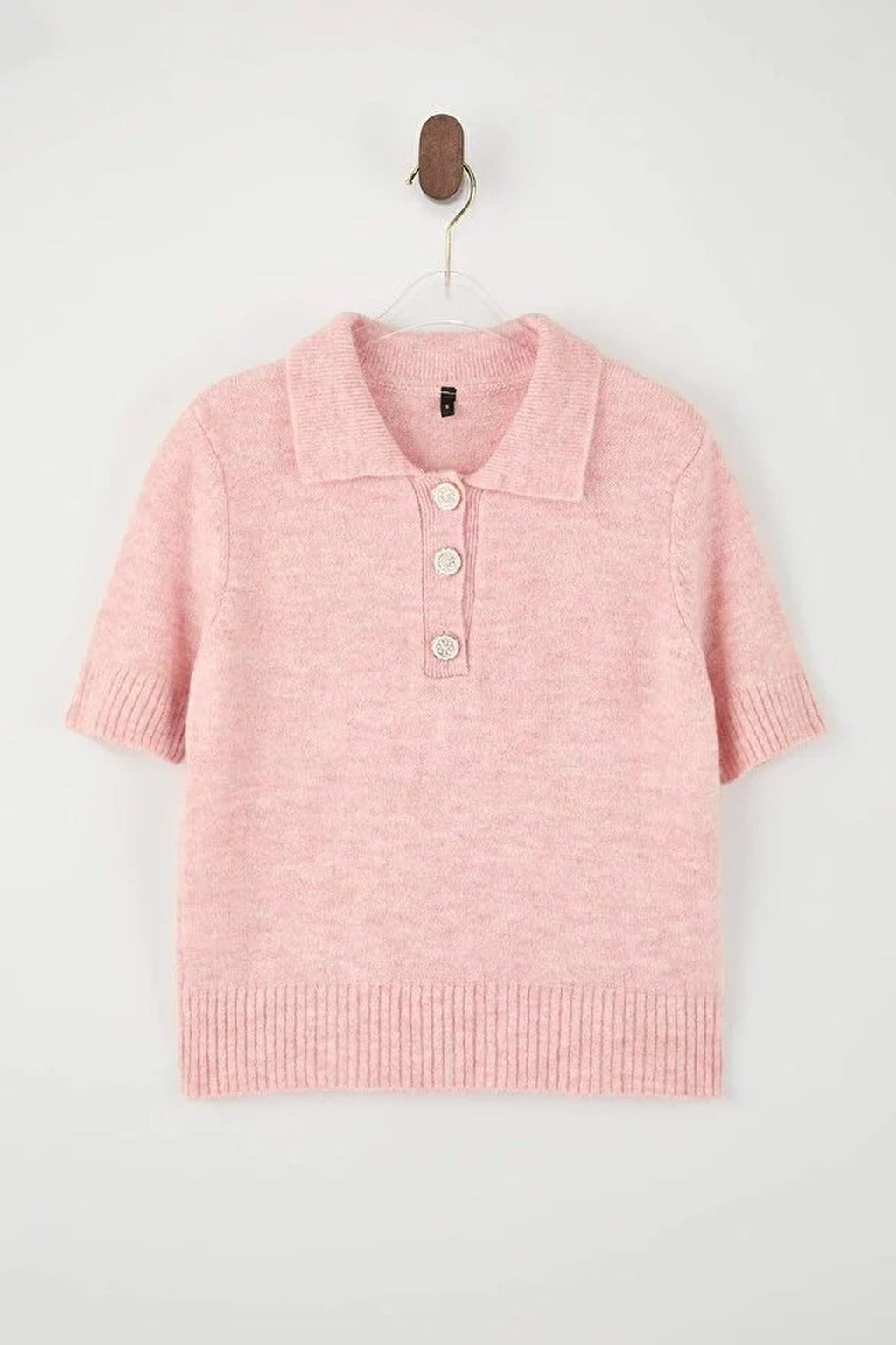 Polo Collar Soft Textured Knit Blouse with Stone Button Details