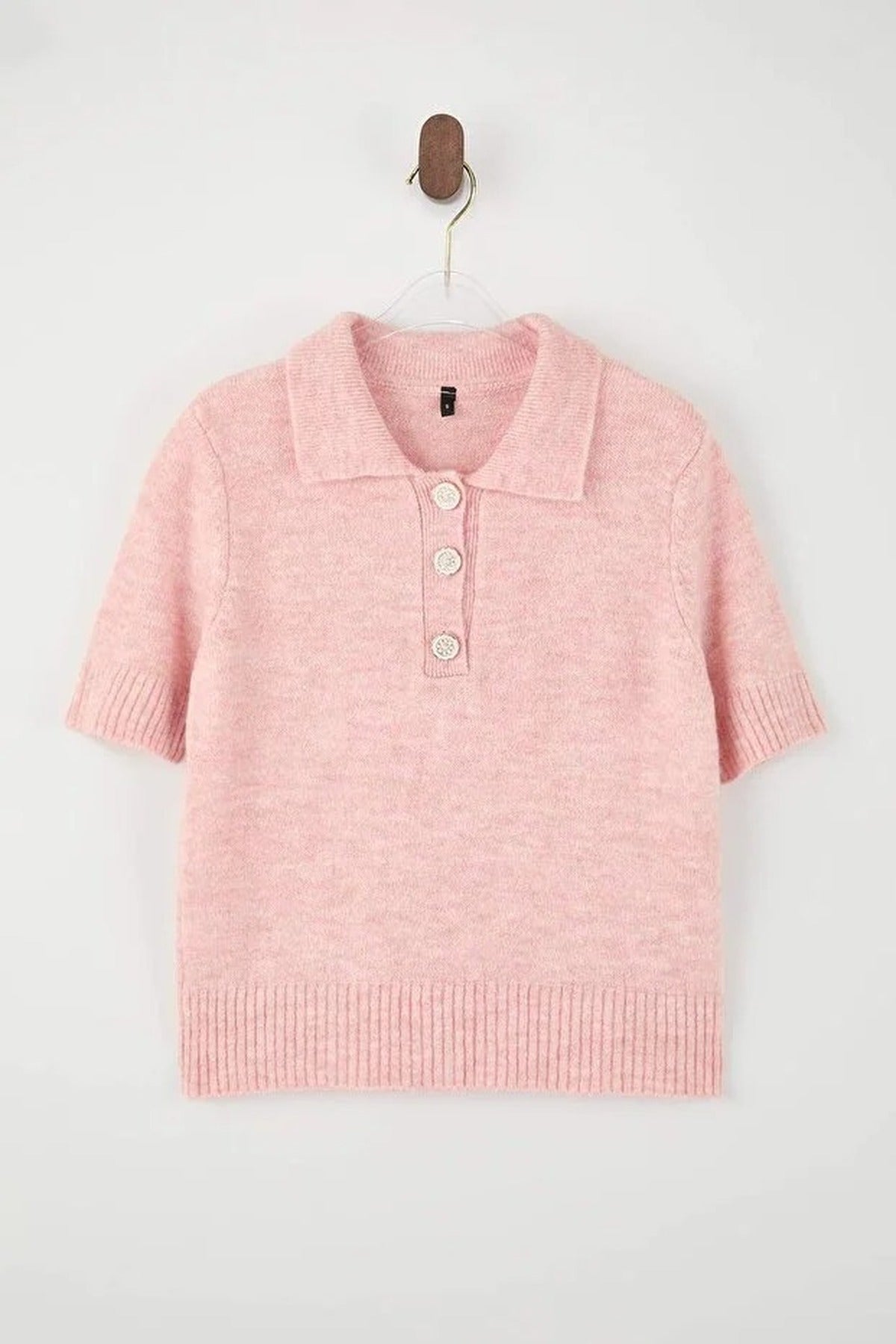 Polo Collar Soft Textured Knit Blouse with Stone Button Details