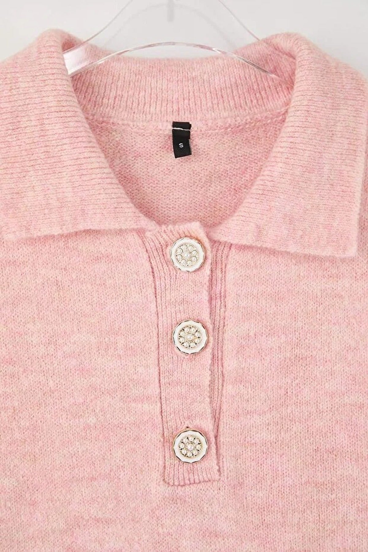 Polo Collar Soft Textured Knit Blouse with Stone Button Details