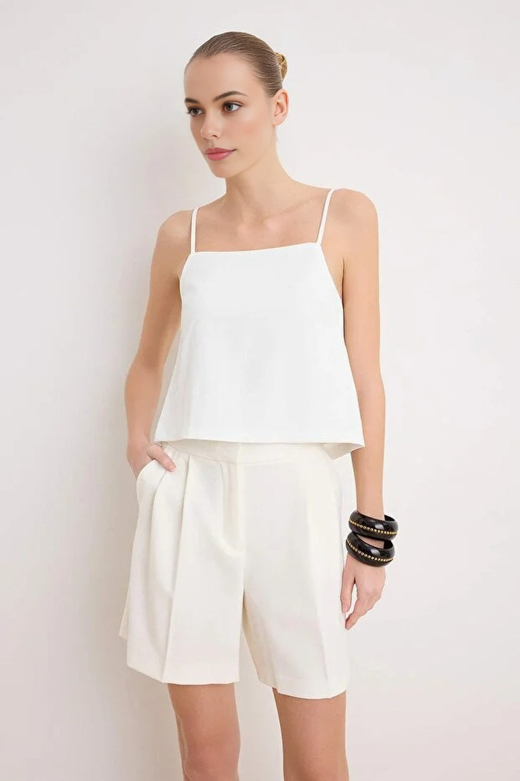 Back Button Detail Lined Woven Blouse