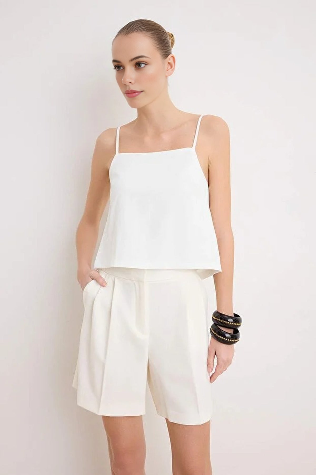 Back Button Detail Lined Woven Blouse