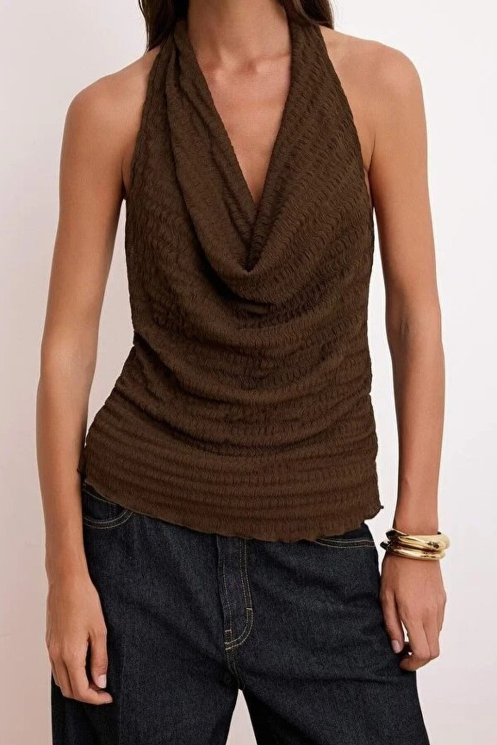 Fitted V-Neck Backless Textured Knit Blouse