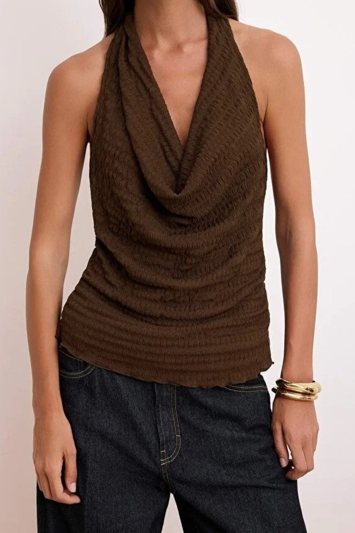 Fitted V-Neck Backless Textured Knit Blouse