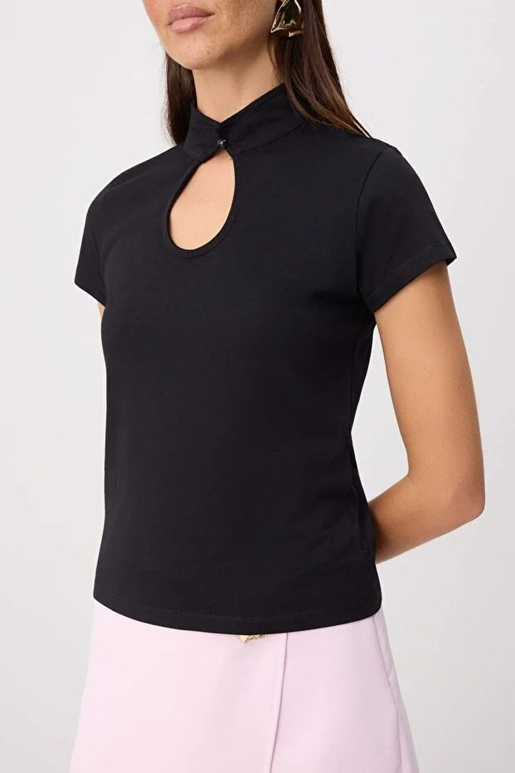 Striped Regular Fit Keyhole Neck Short Sleeve Cotton Knit Blouse