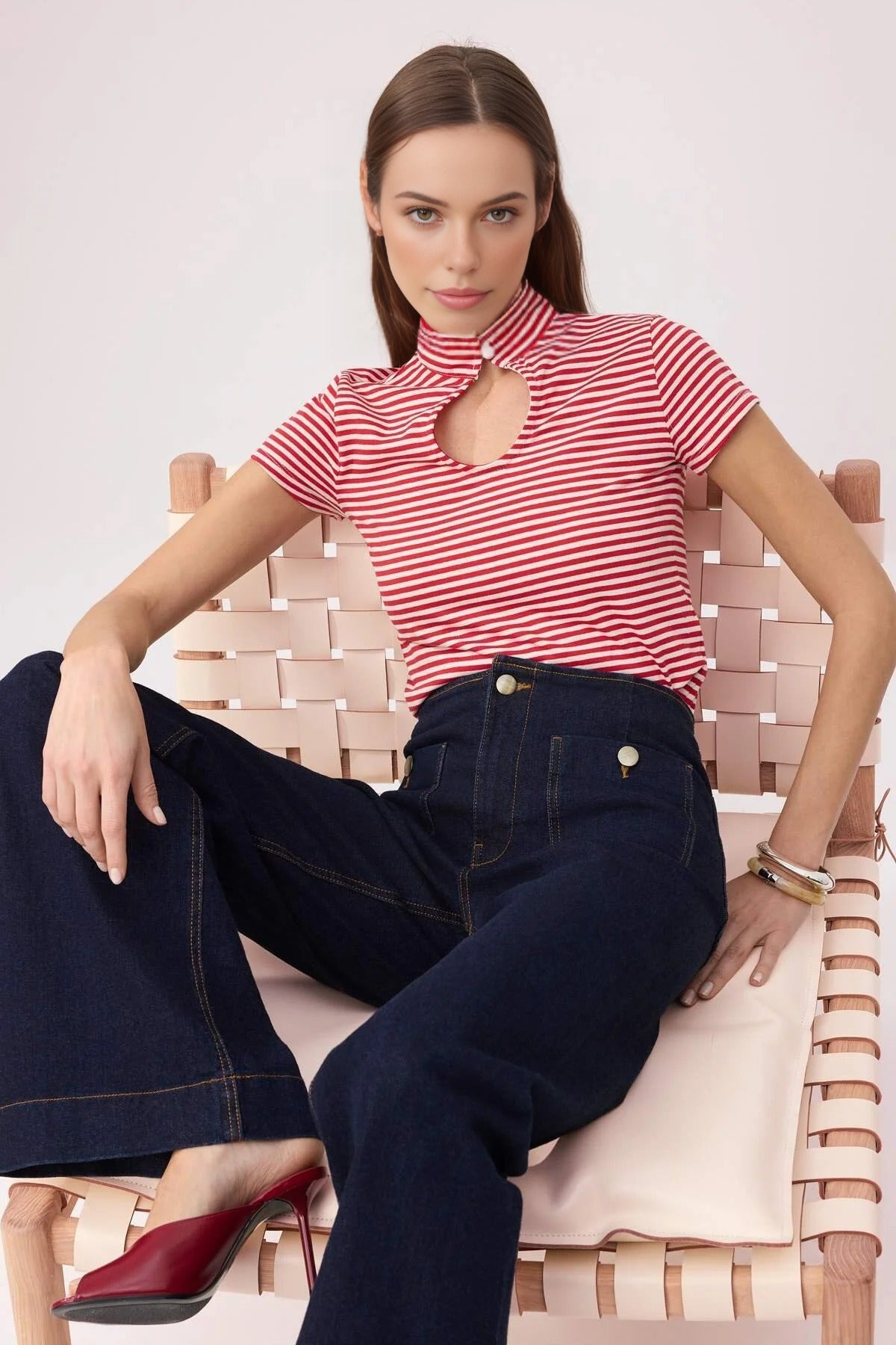 Striped Regular Fit Keyhole Neck Short Sleeve Cotton Knit Blouse