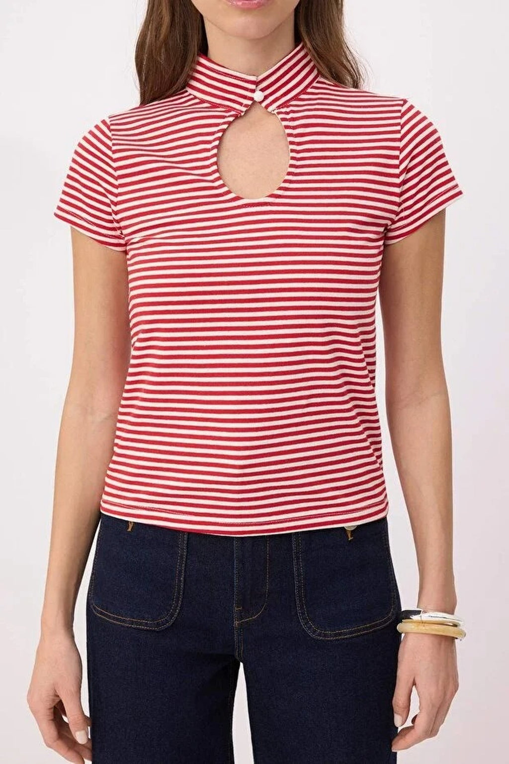 Striped Regular Fit Keyhole Neck Short Sleeve Cotton Knit Blouse