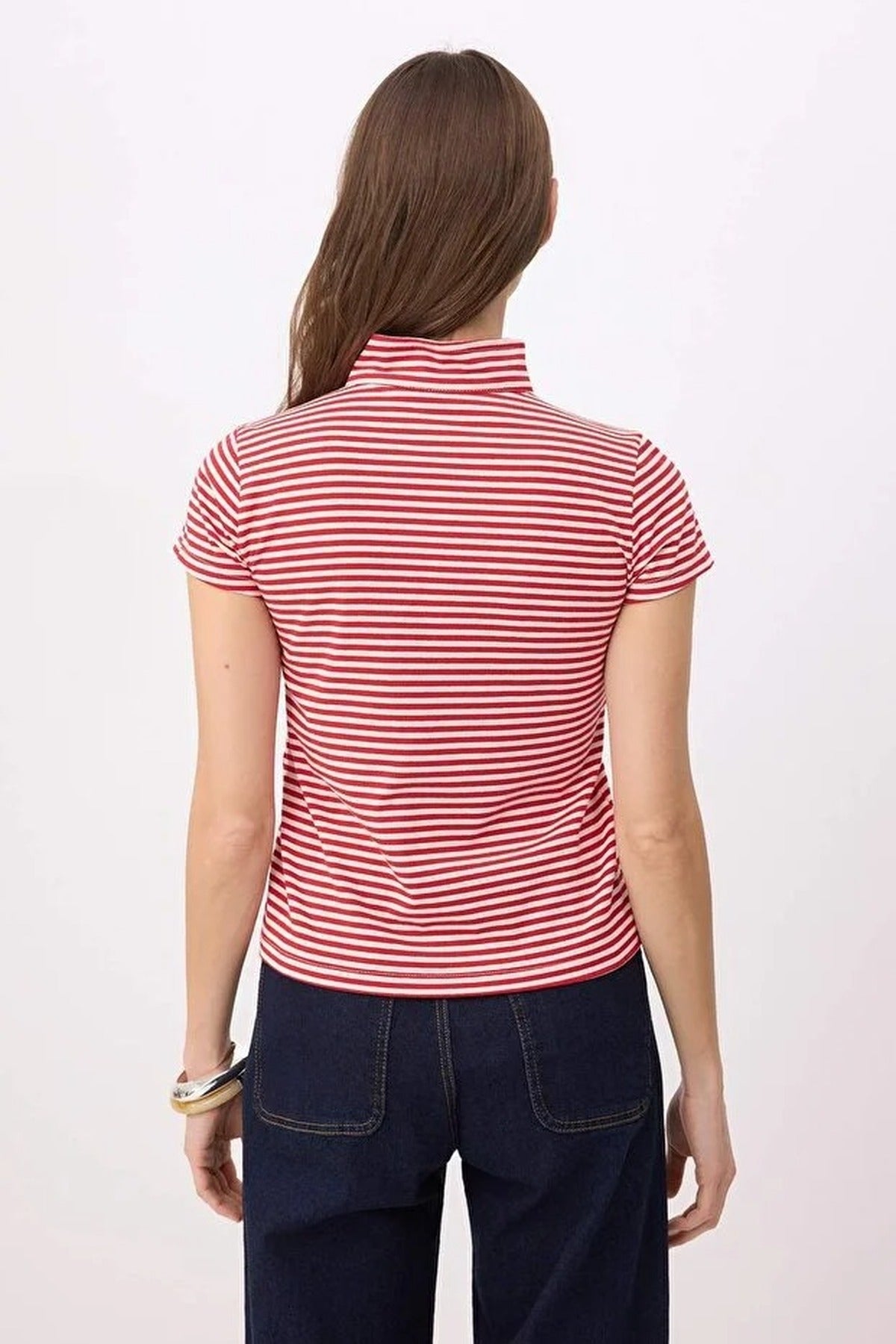 Striped Regular Fit Keyhole Neck Short Sleeve Cotton Knit Blouse